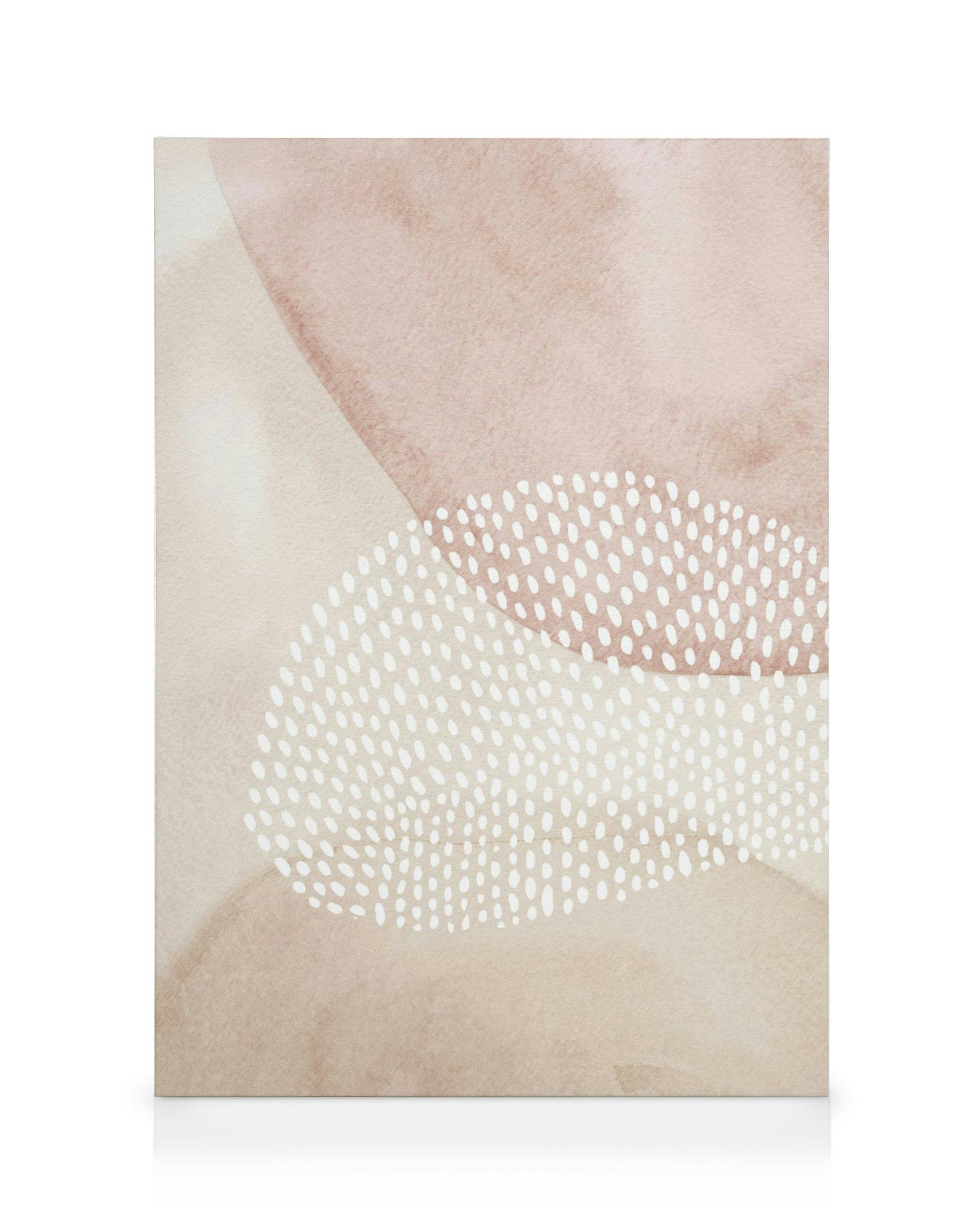 Tela astratta ad acquerello con forme beige, marrone chiaro e motivo a punti bianchi, arte moderna.