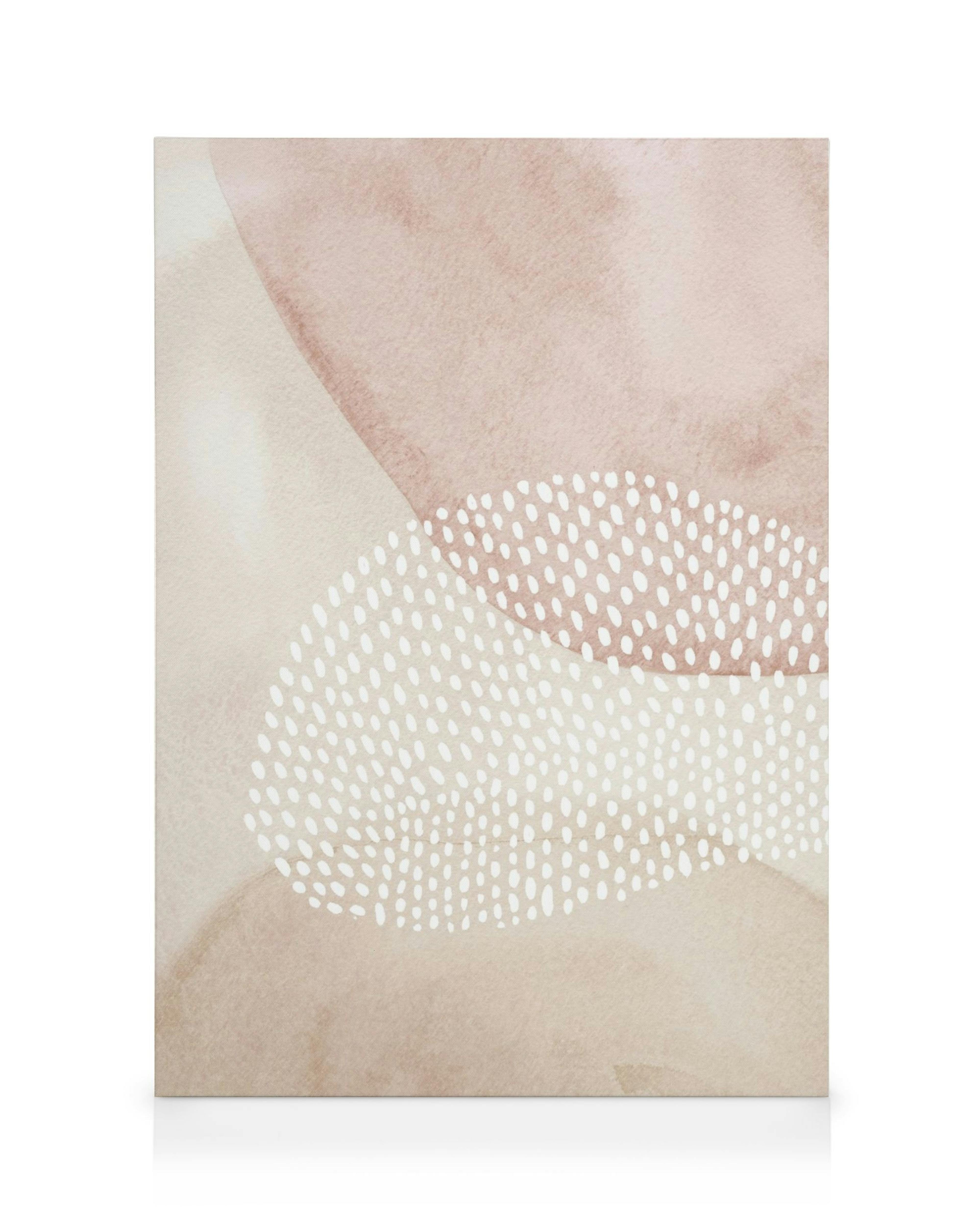 Tela astratta ad acquerello con forme beige, marrone chiaro e motivo a punti bianchi, arte moderna.