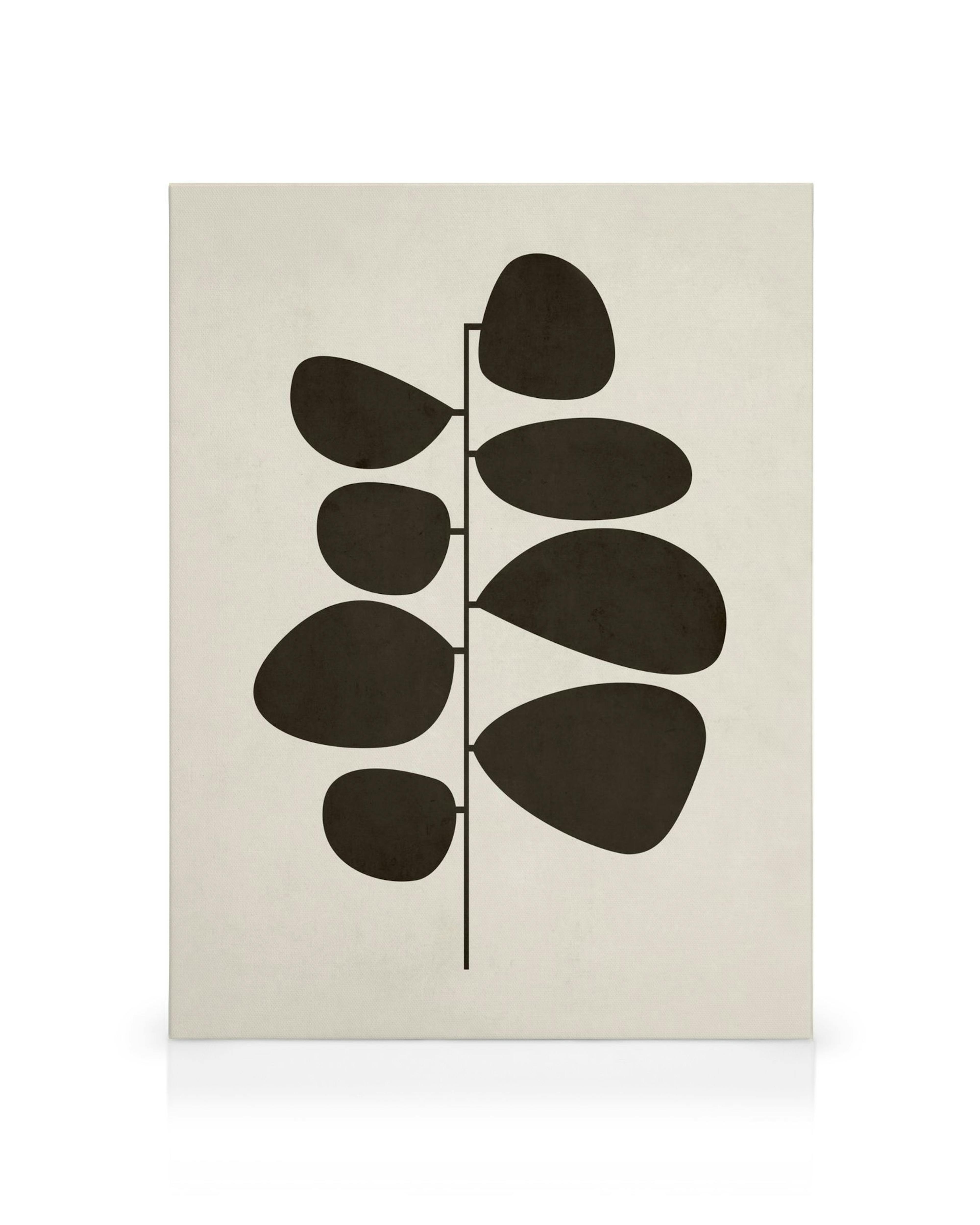 Lienzo botánico retro con hojas ovaladas negras en línea vertical sobre fondo beige, estilo minimalista.