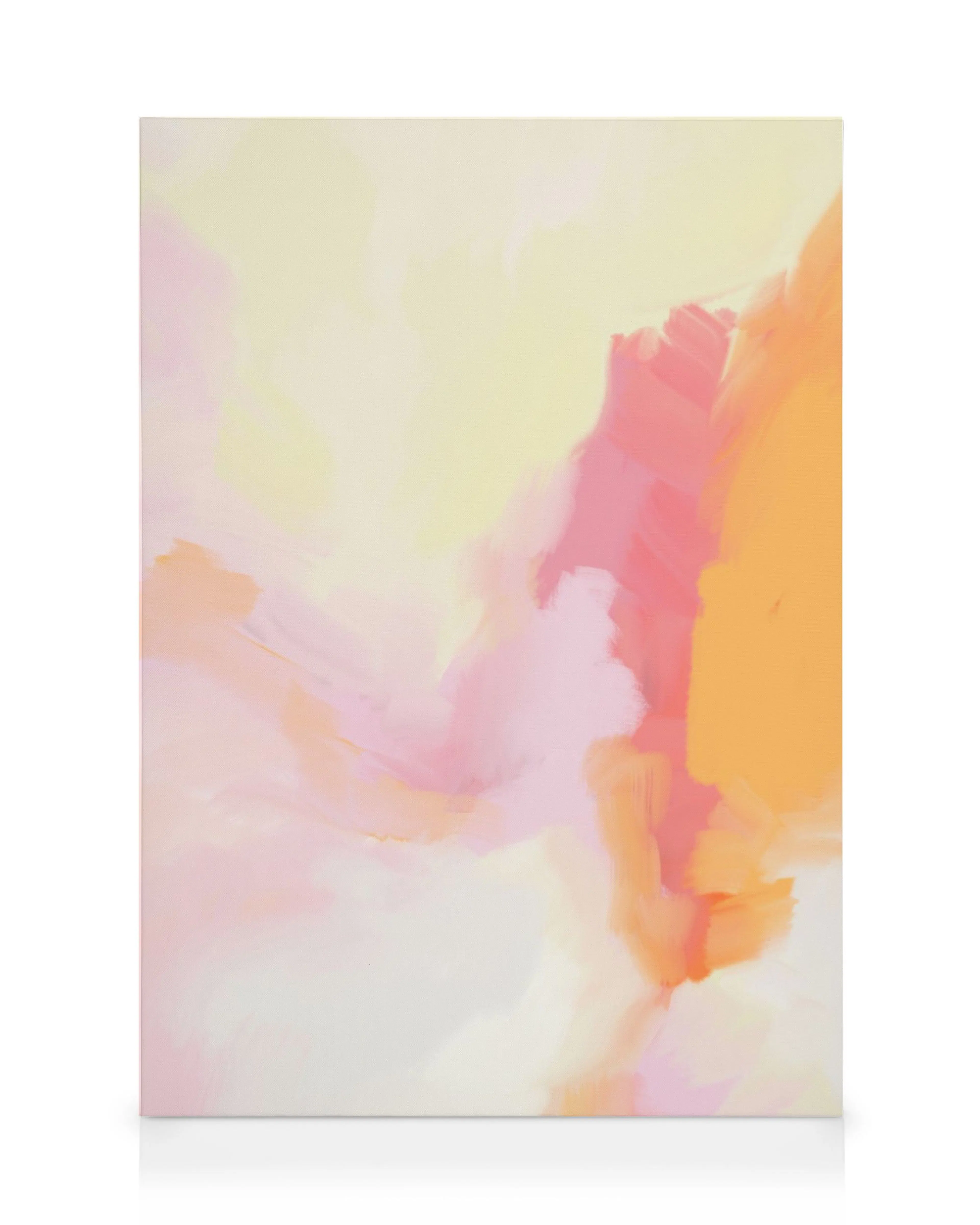 Abstracte canvas met zachte, gemengde vlekken in geel, oranje, roze en wit voor een rustgevend gevoel.