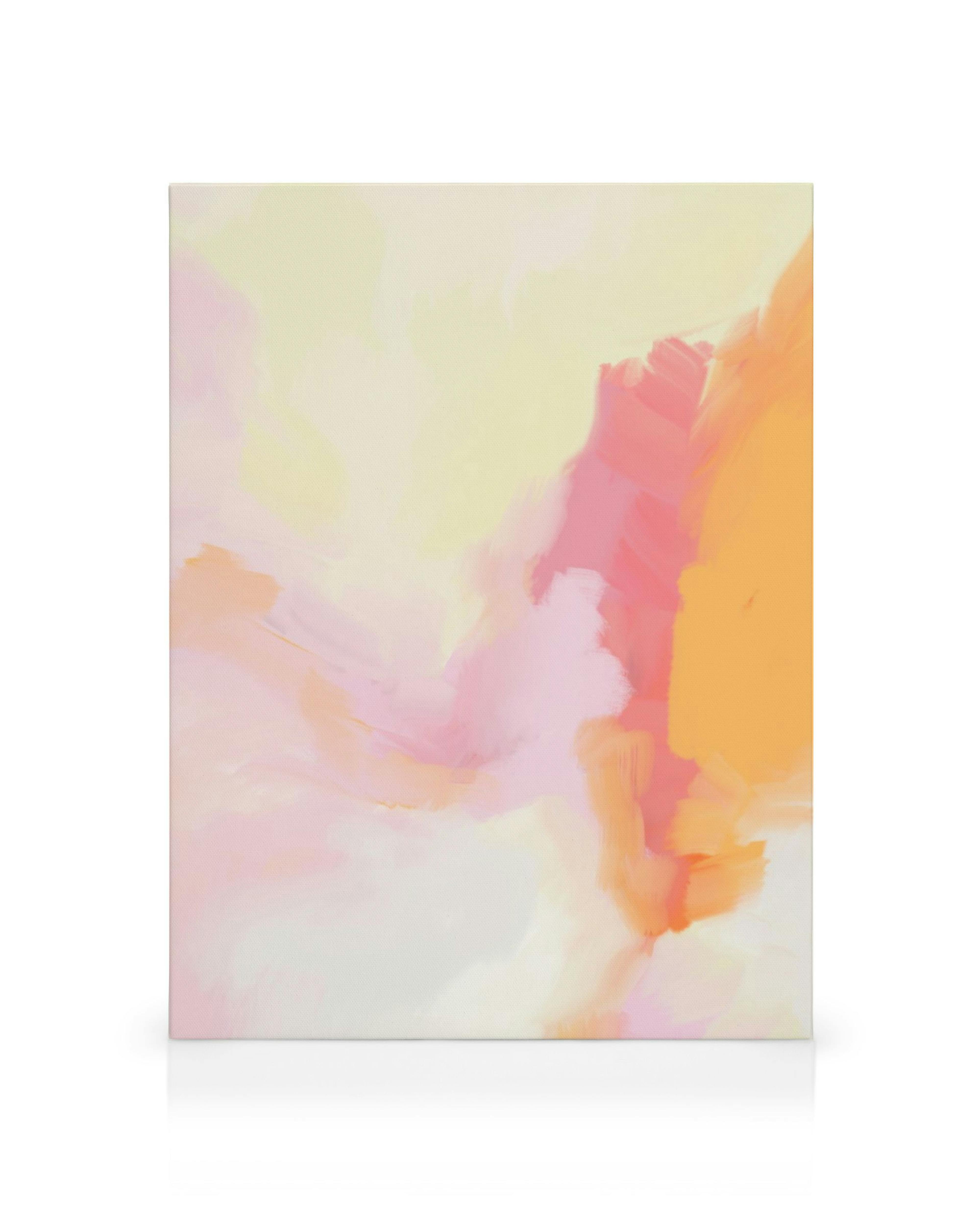 Obraz na płótnie z abstrakcyjnymi żółtymi, pomarańczowymi, różowymi i białymi plamami, tworzący ciepły, kojący efekt.