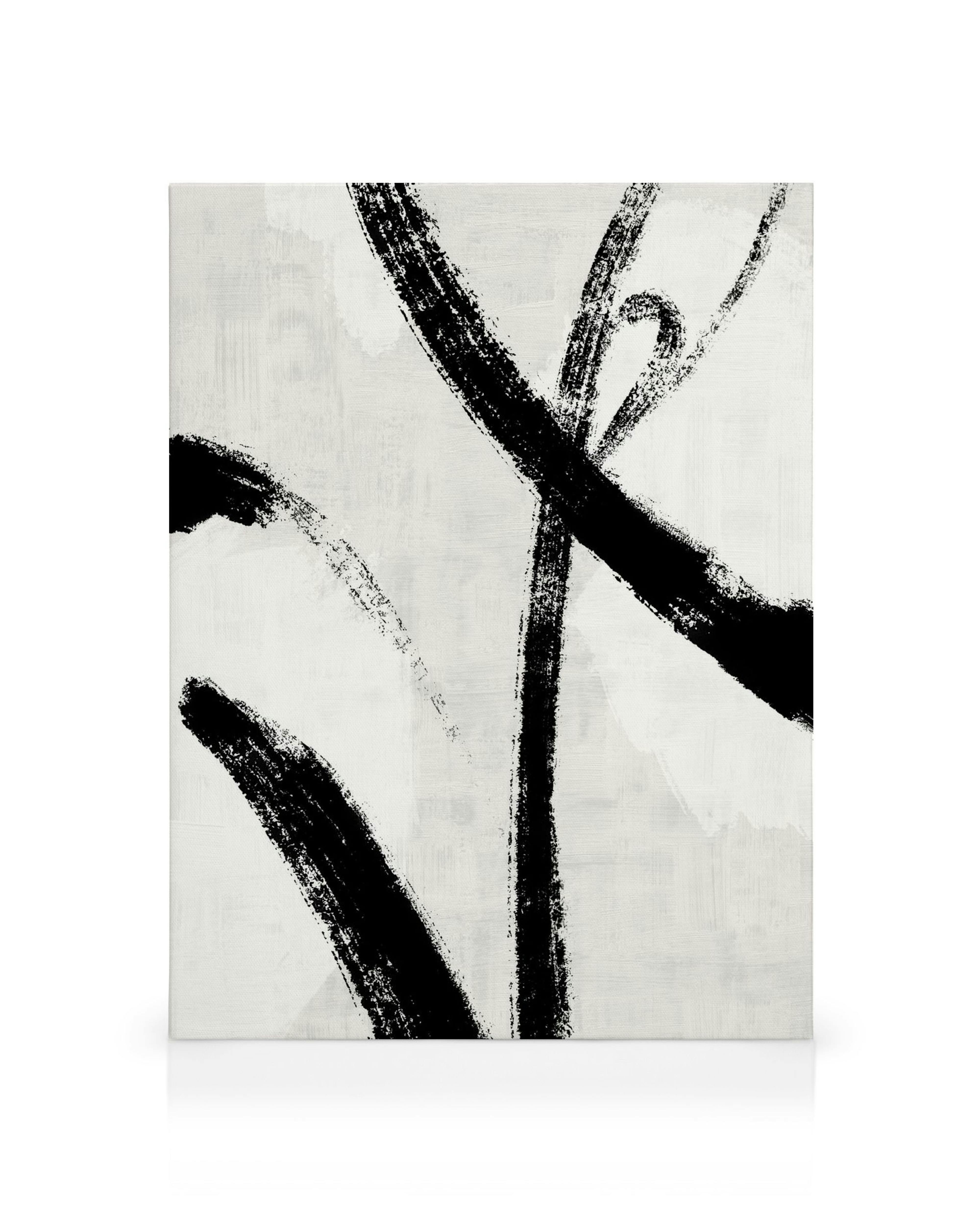 Black brush strokes on a textured white and grey abstract canvas print