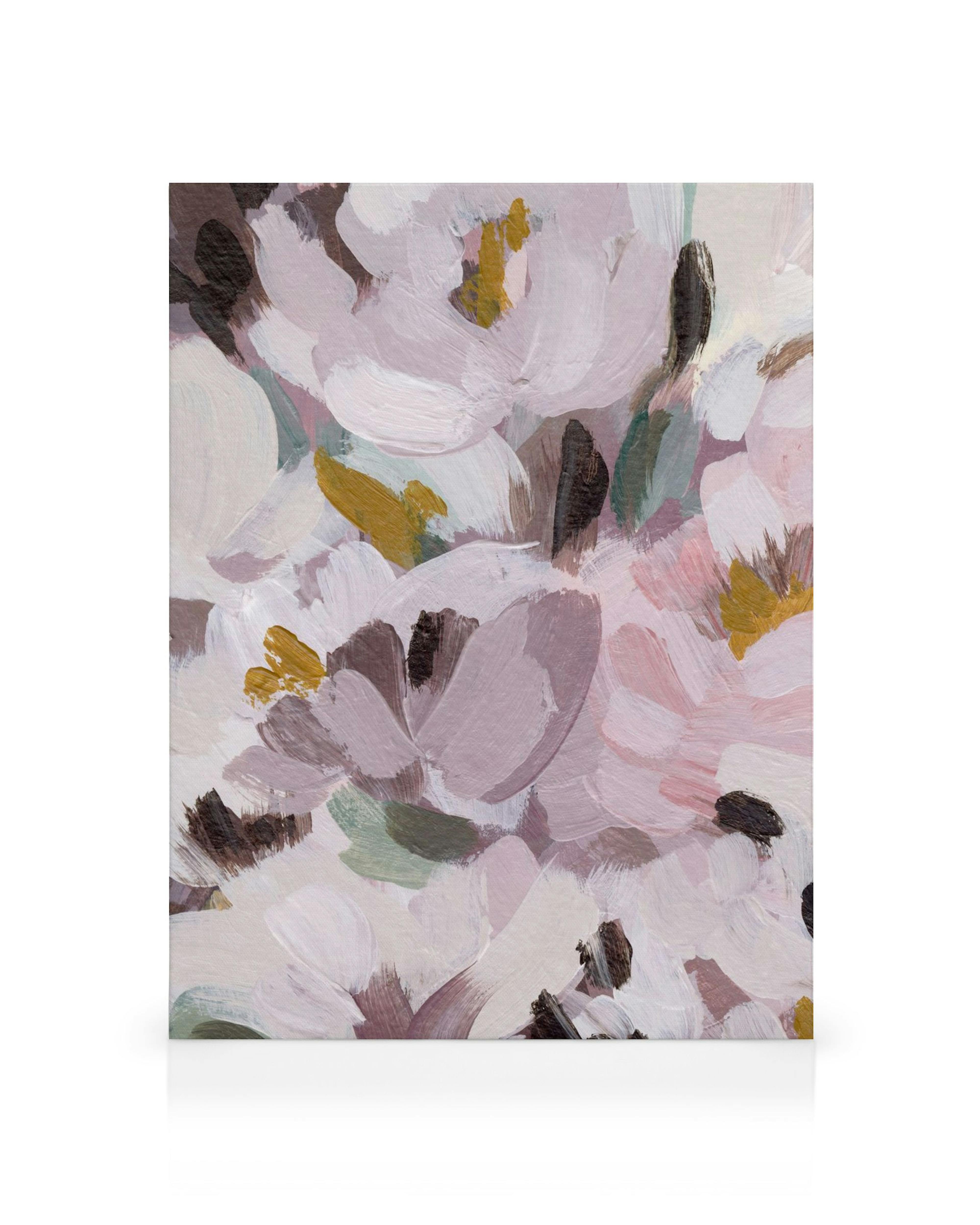 Stampa floreale astratta su tela con pennellate rosa, verde, marrone e bianco. Opera darte impressionistica.