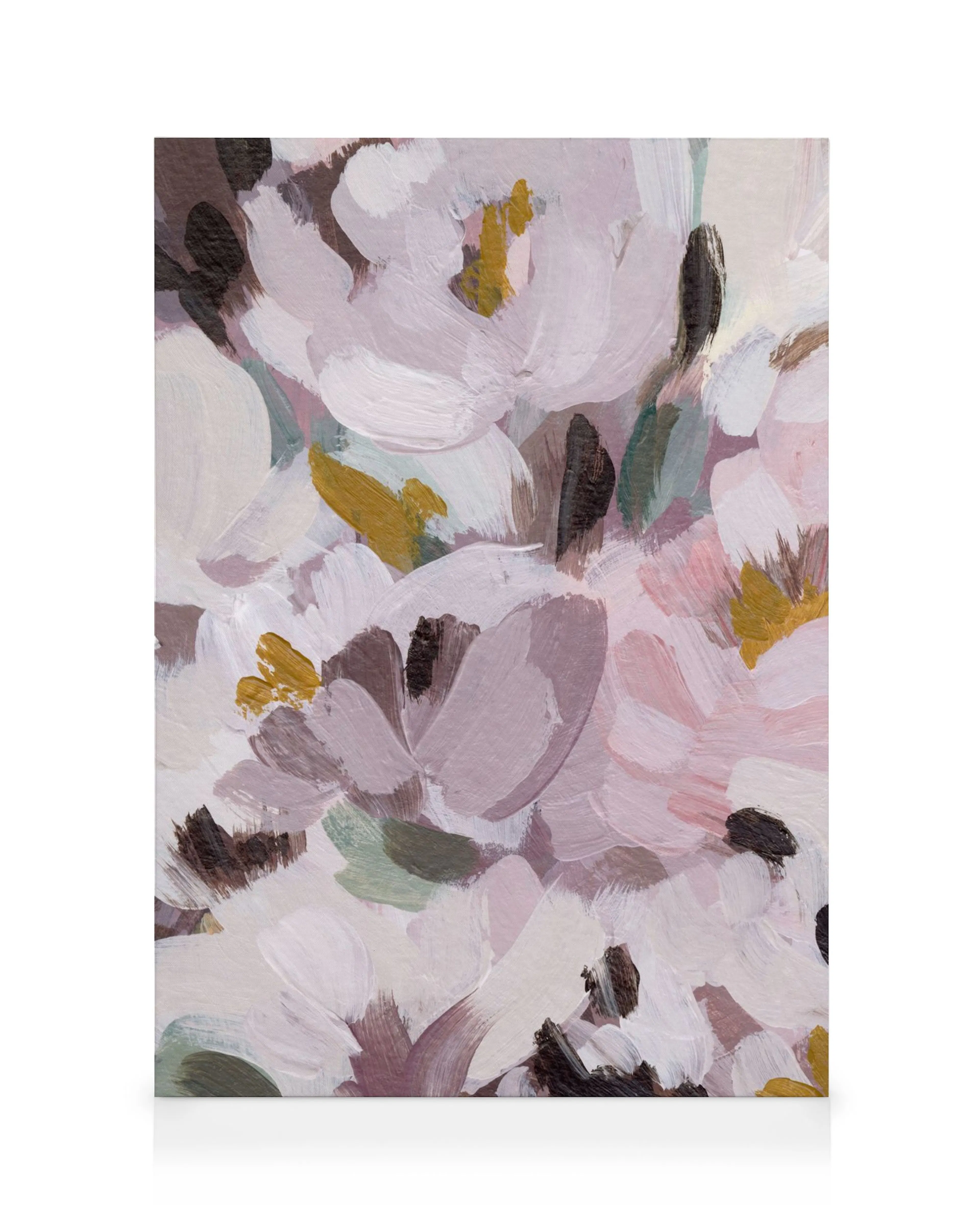 Abstrakt blomstermaleri med penselstrøk i rosa, lilla, hvitt og mørkebrunt, lerret