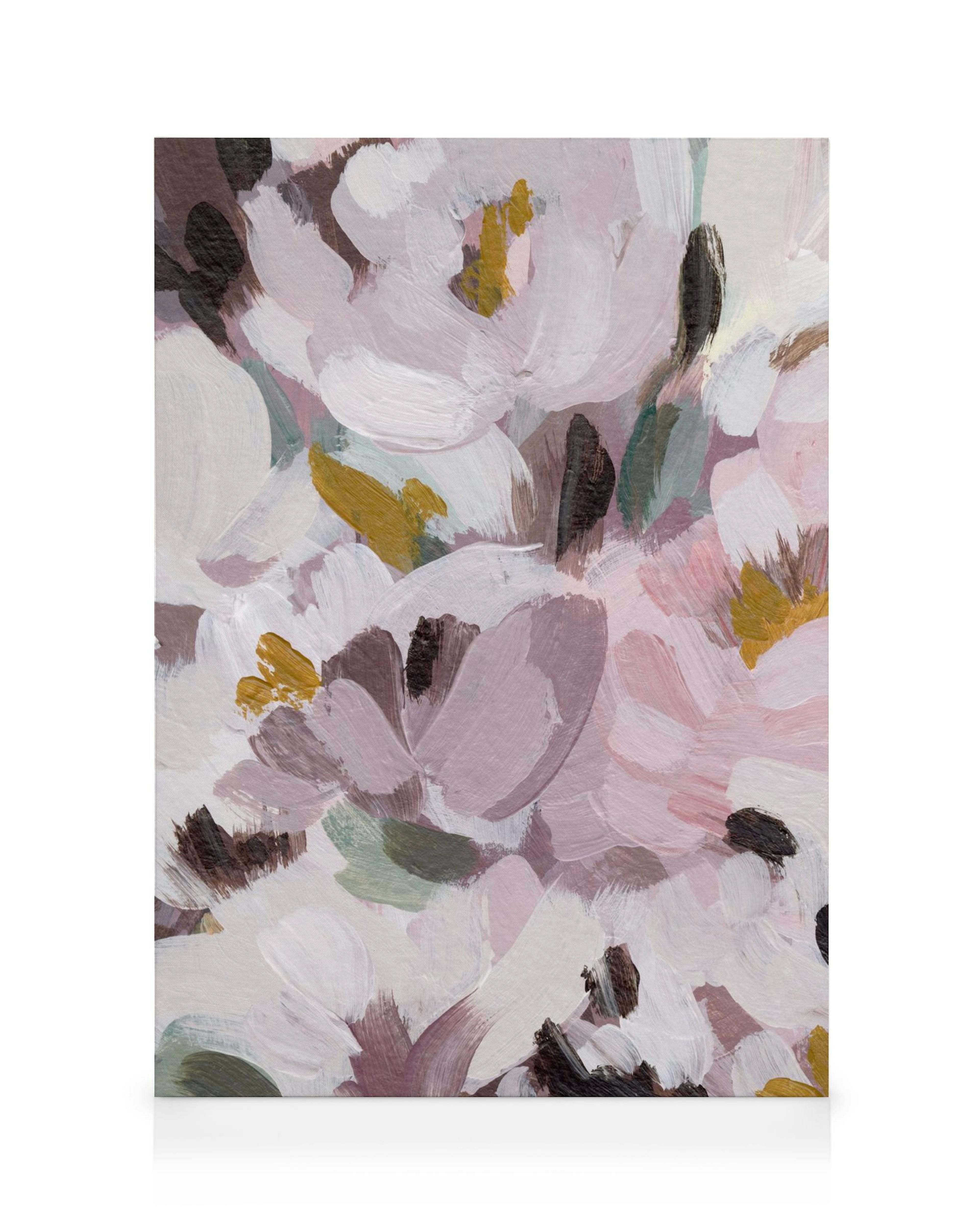 Lienzo floral abstracto con pinceladas de rosa, verde, marrón y blanco. Obra de arte mural impresionista.