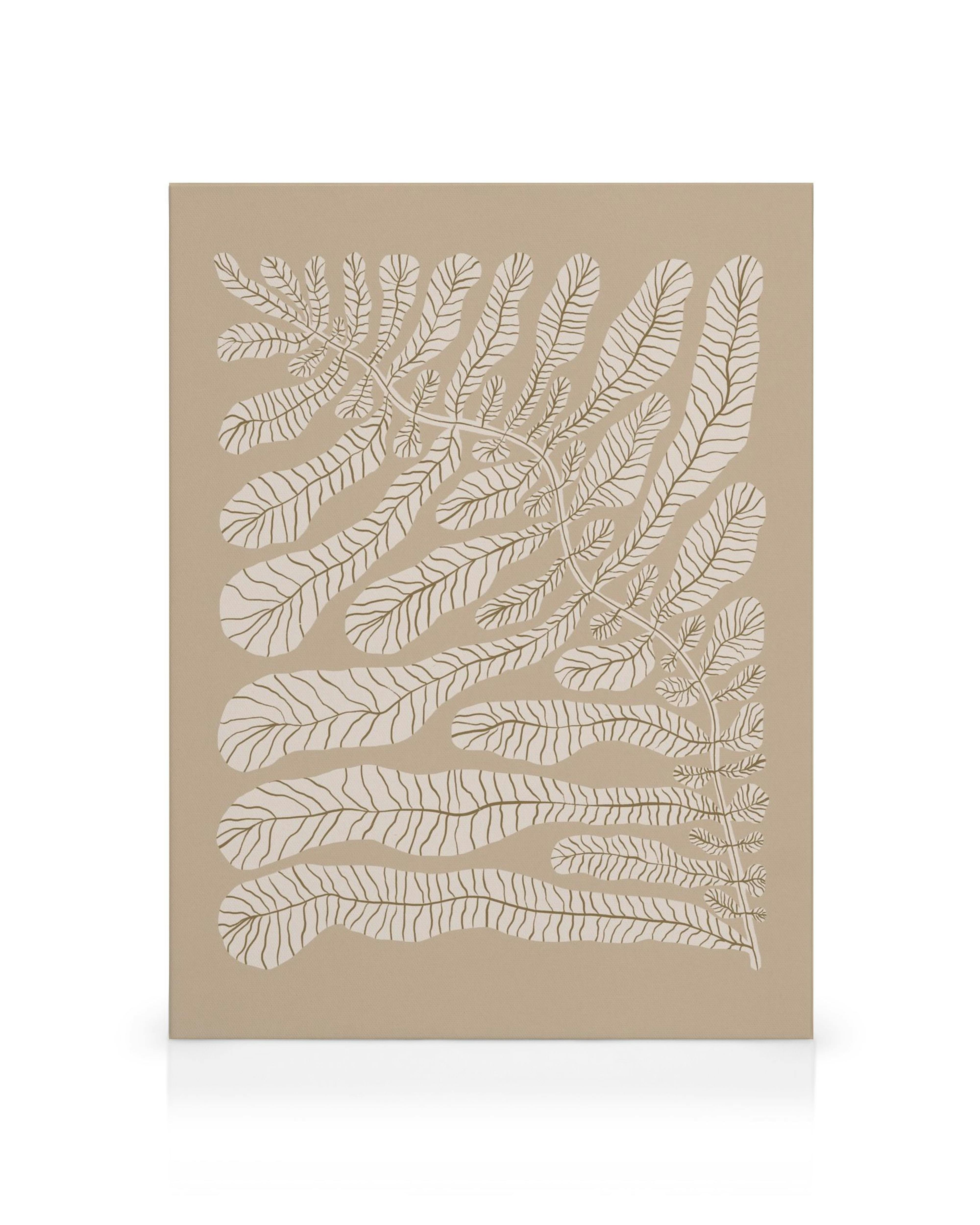Toile One Hundred - Leaved Plant No2, motifs de feuilles blanches sur fond beige, tiges longues, typographie élégante