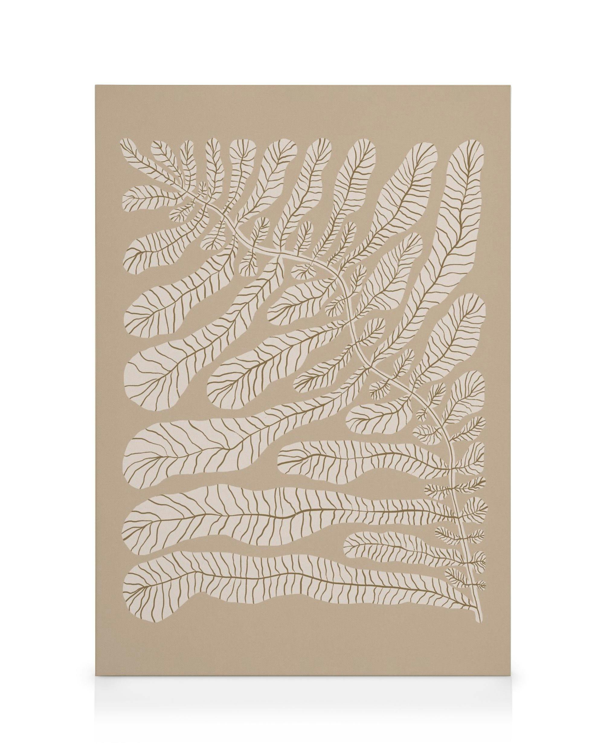 Plátno s botanickým vzorem, béžové pozadí s krémovými stylizovanými listy a větvemi, minimalistický design.