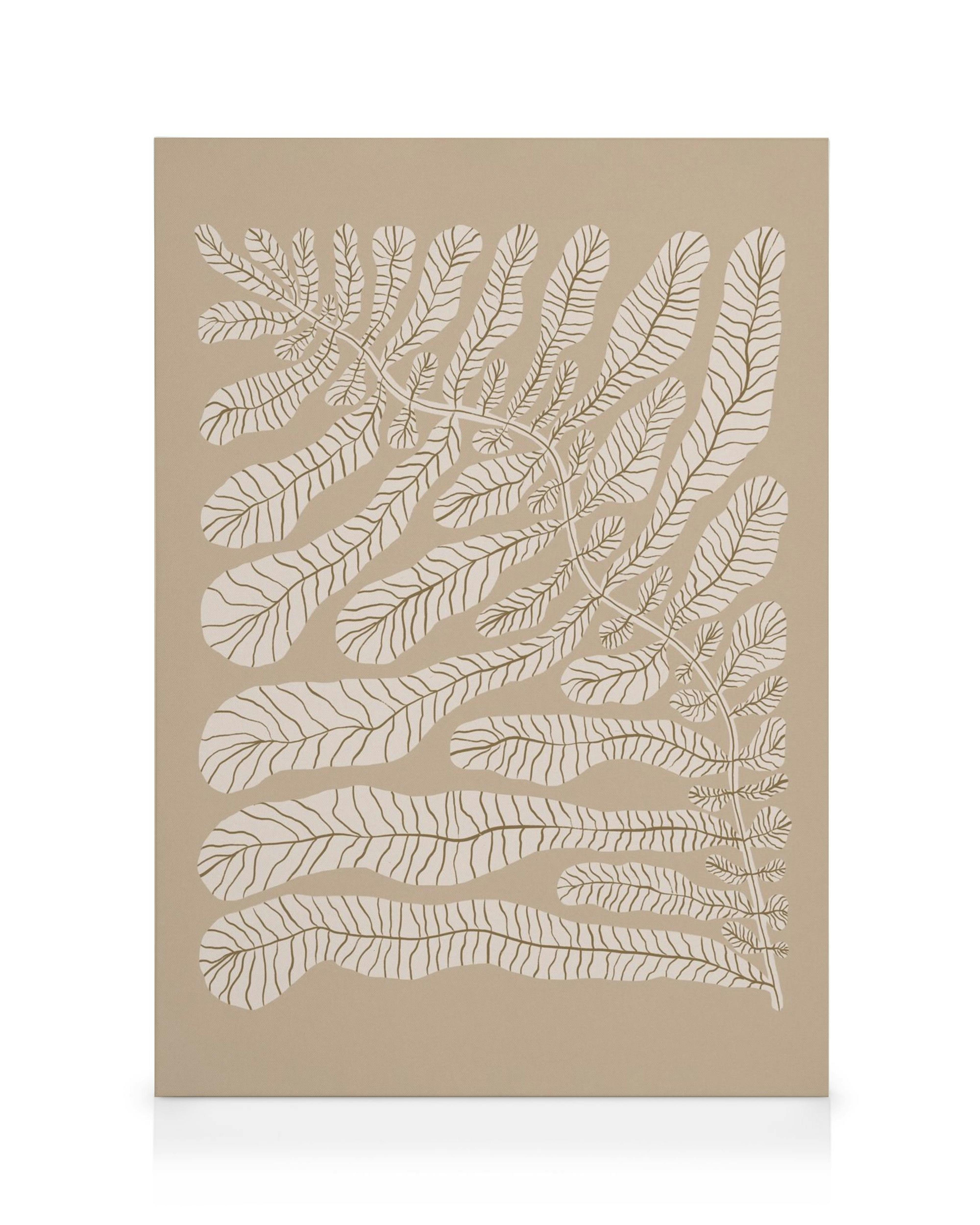 Plátno s botanickým vzorem, béžové pozadí s krémovými stylizovanými listy a větvemi, minimalistický design.