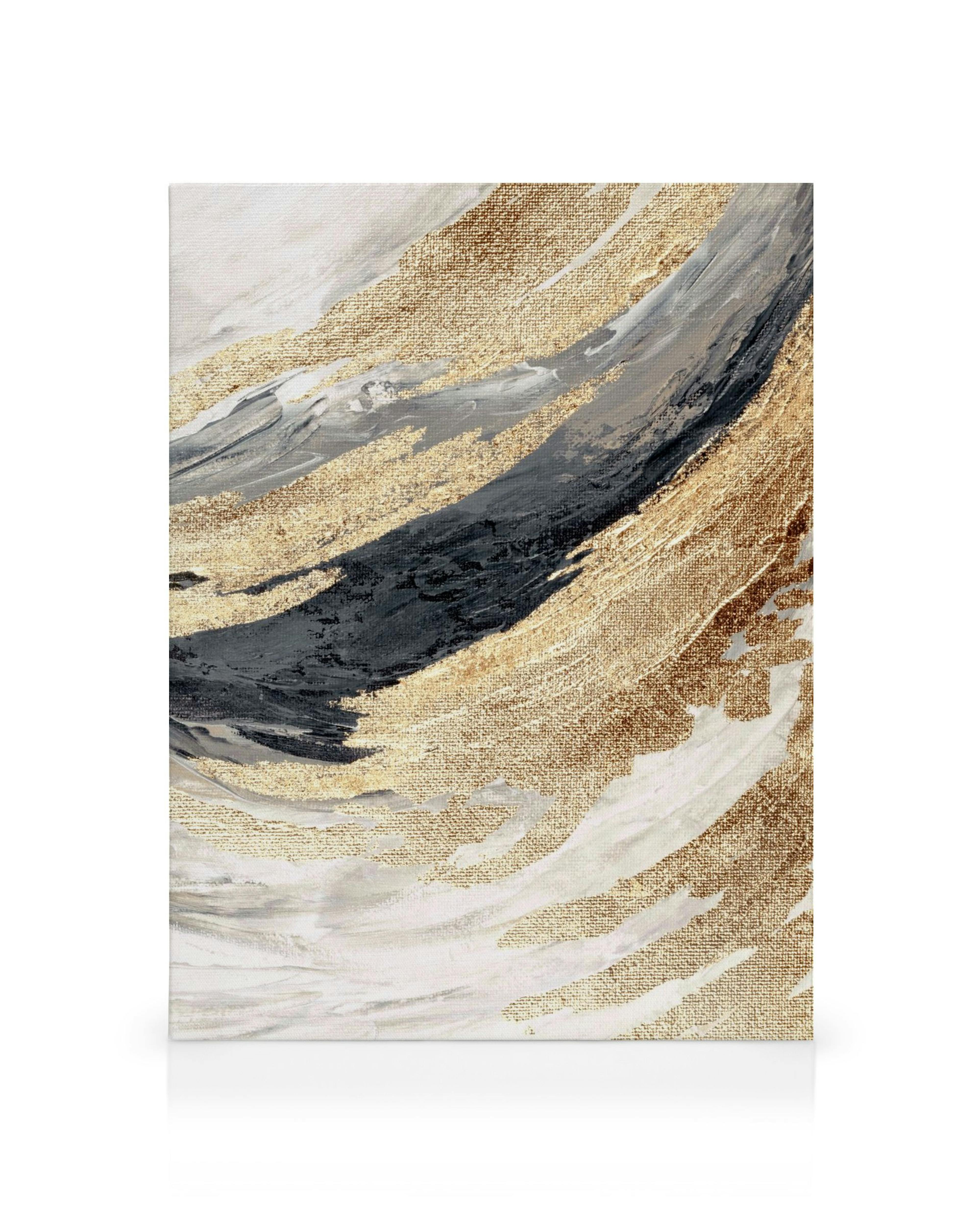 Gold Wave No2 Leinwandbild: Abstrakte goldene, graue und weiße Wellenmuster, die Bewegung und Eleganz darstellen.