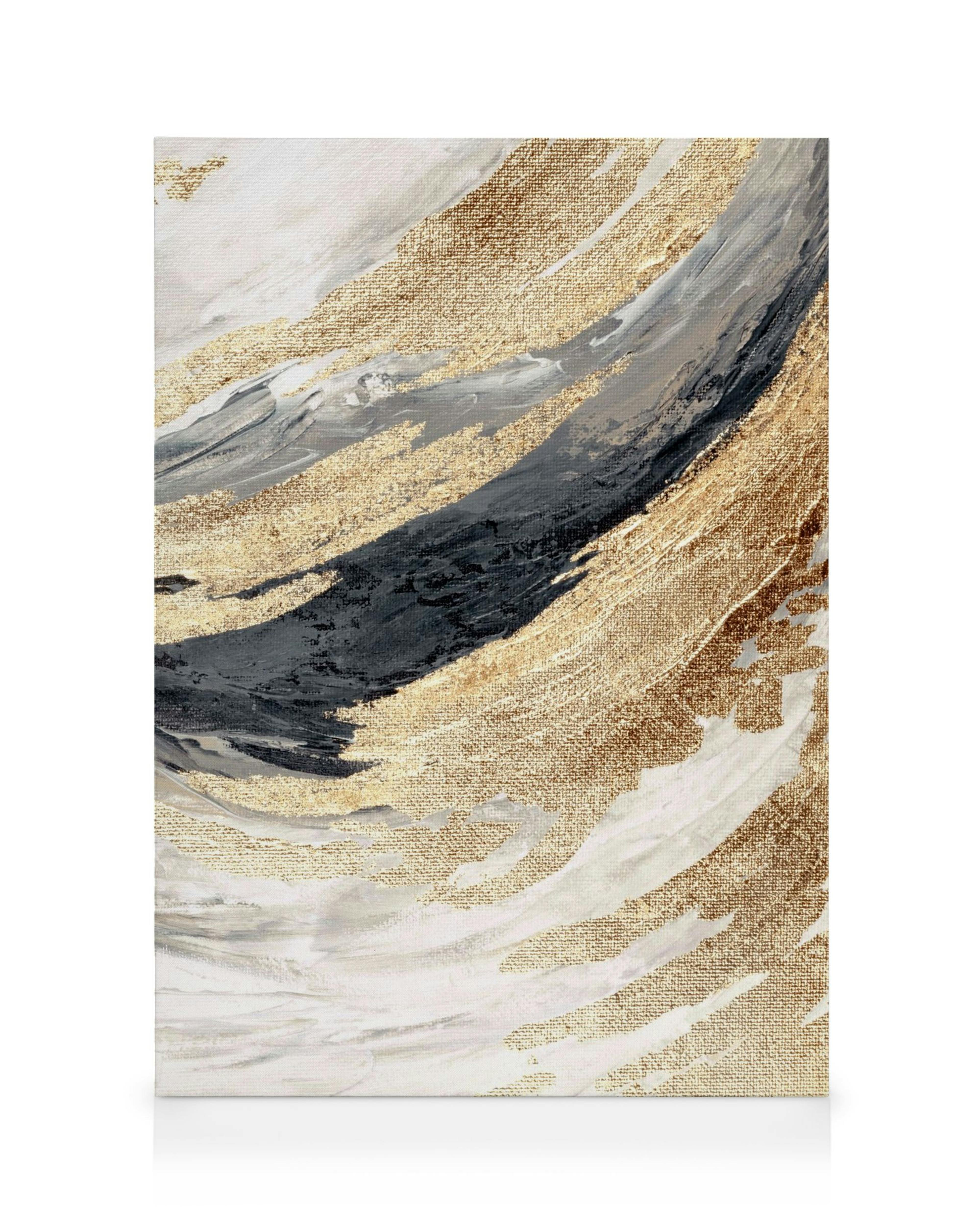 Gold Wave No2 Leinwandbild: Abstrakte goldene, graue und weiße Wellenmuster, die Bewegung und Eleganz darstellen.