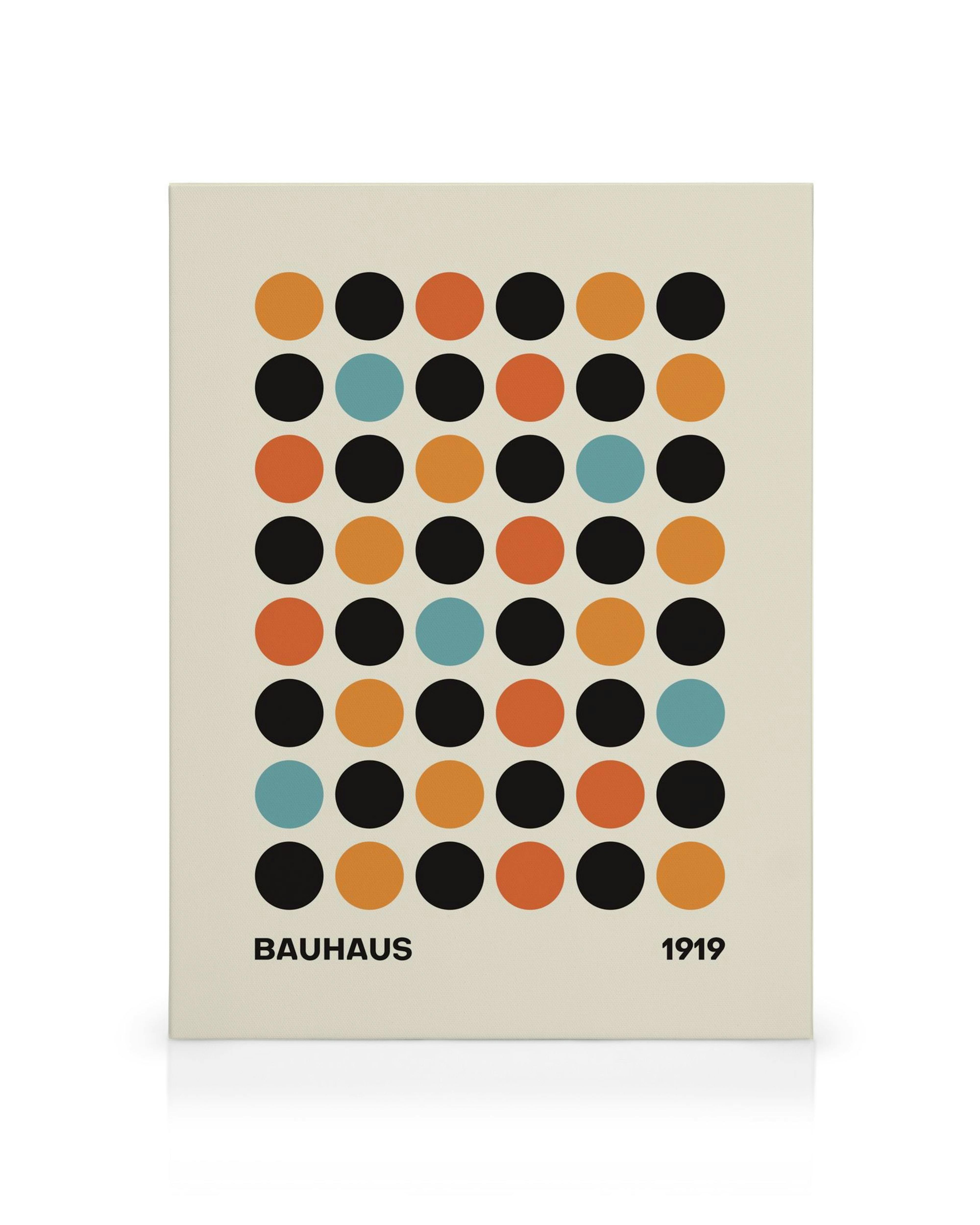 Bauhaus 1919 canvas met raster van zwarte, oranje en blauwe cirkels op crème achtergrond. Moderne kunst.