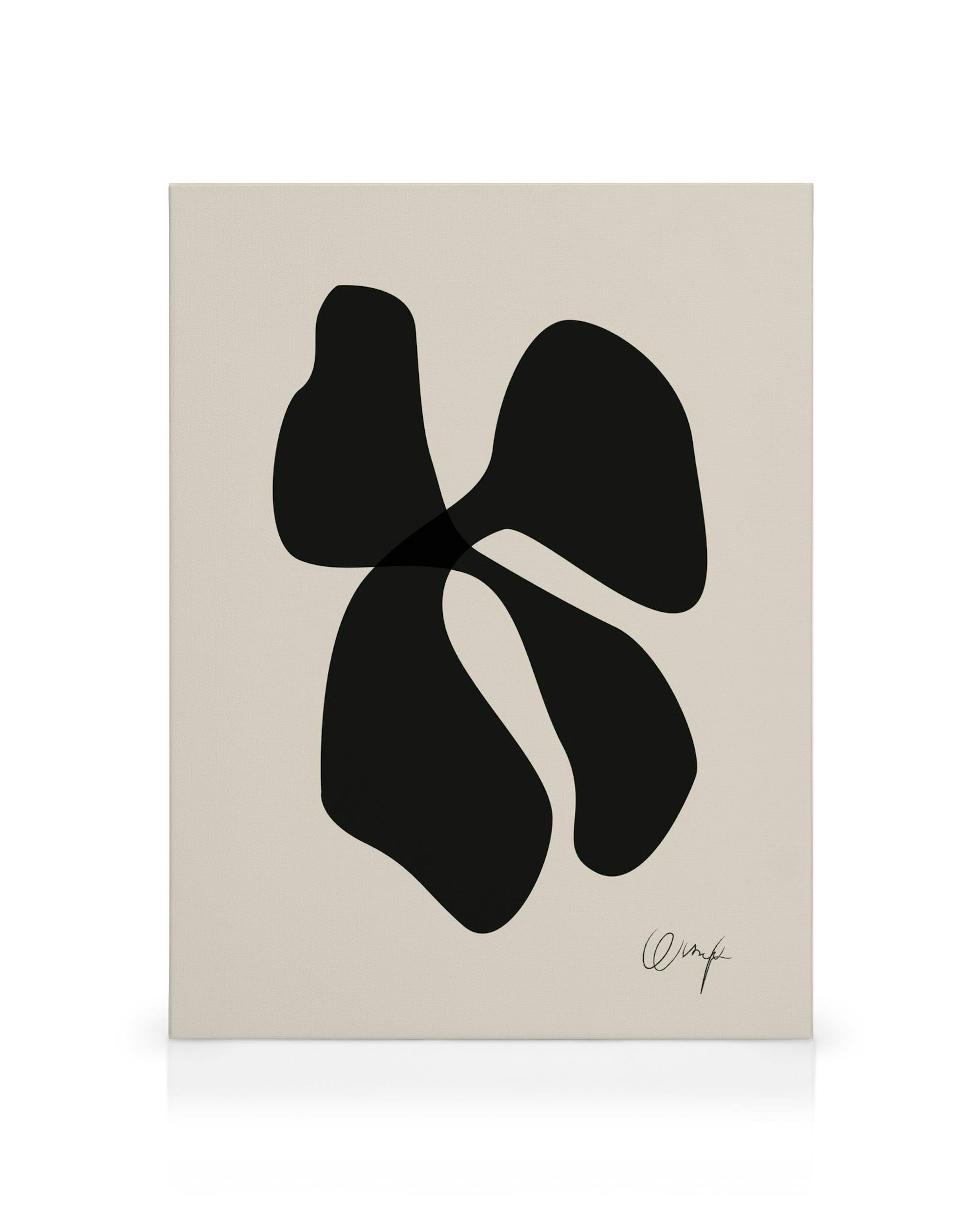 Stampa su tela astratta con forme organiche nere su sfondo beige, arte da parete moderna.