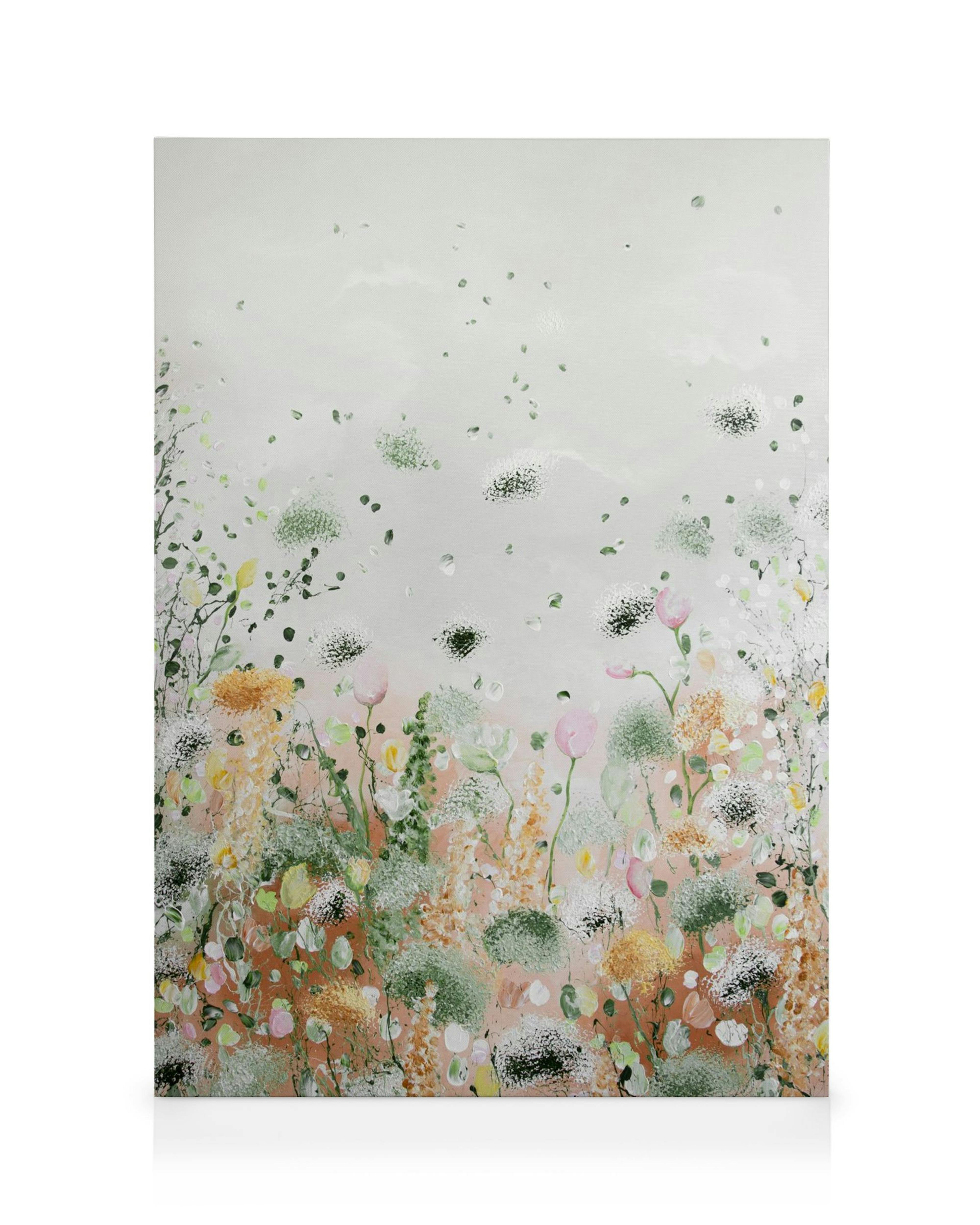 Nuovo Inzio canvas print with abstract green, pink, orange splashes and floral motifs on a white background.