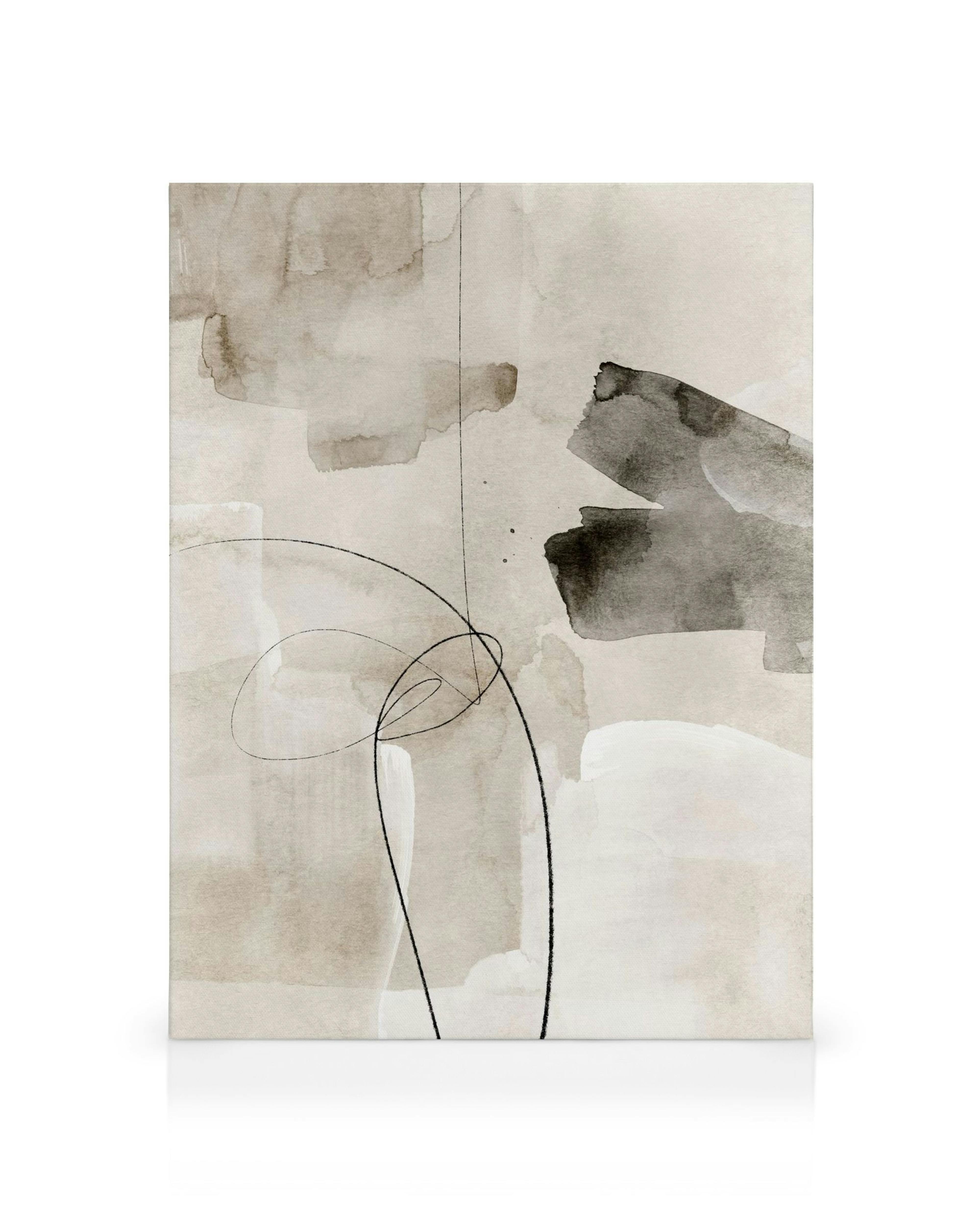 Aquarell-Leinwandbild mit erdigen Farbspritzern und organischen schwarzen Linien, die fließende Formen bilden.