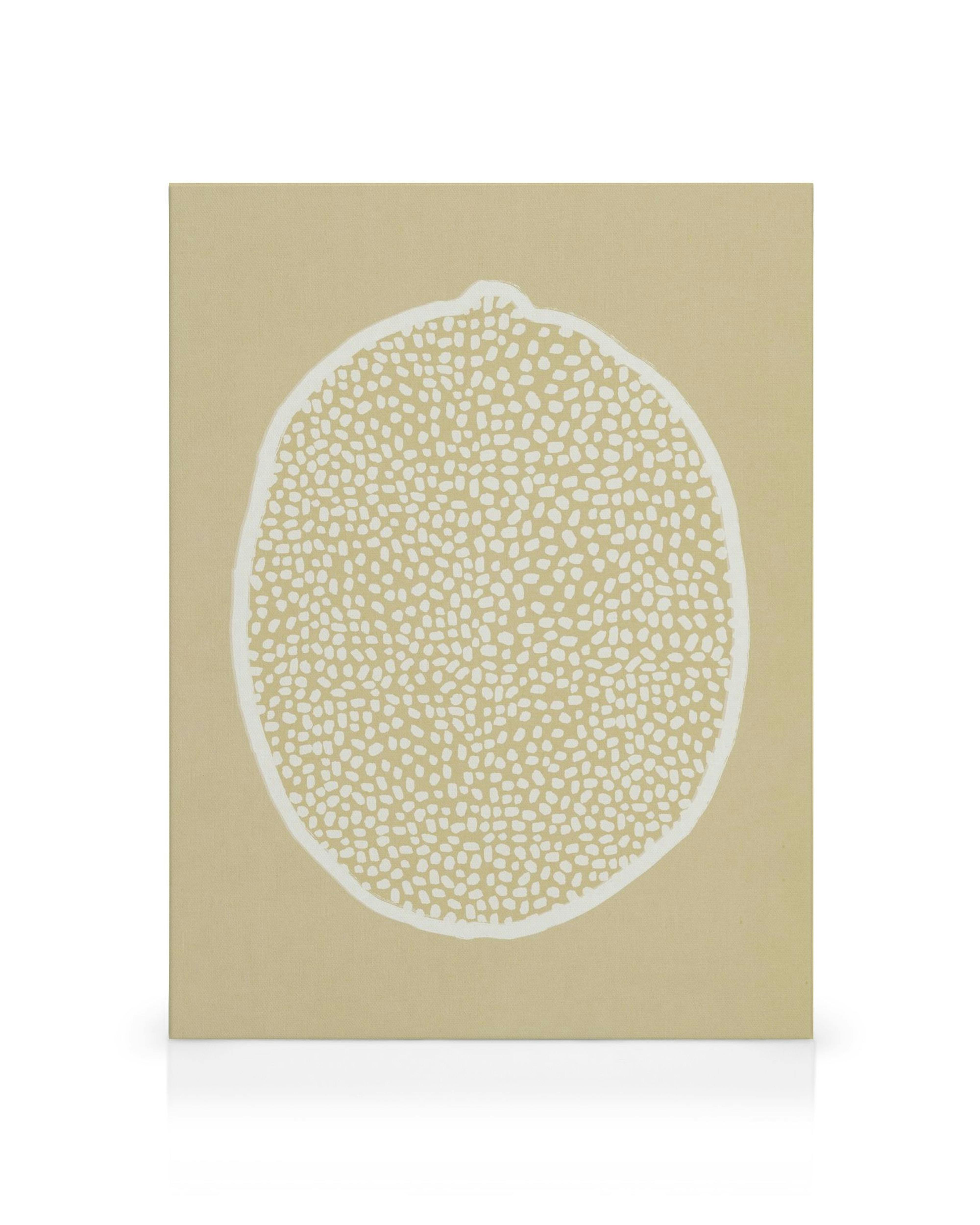 Julia Hallström Hjort Citrus Limon lærred med stiliseret hvid citrusfrugt på beige baggrund, prikket mønster.