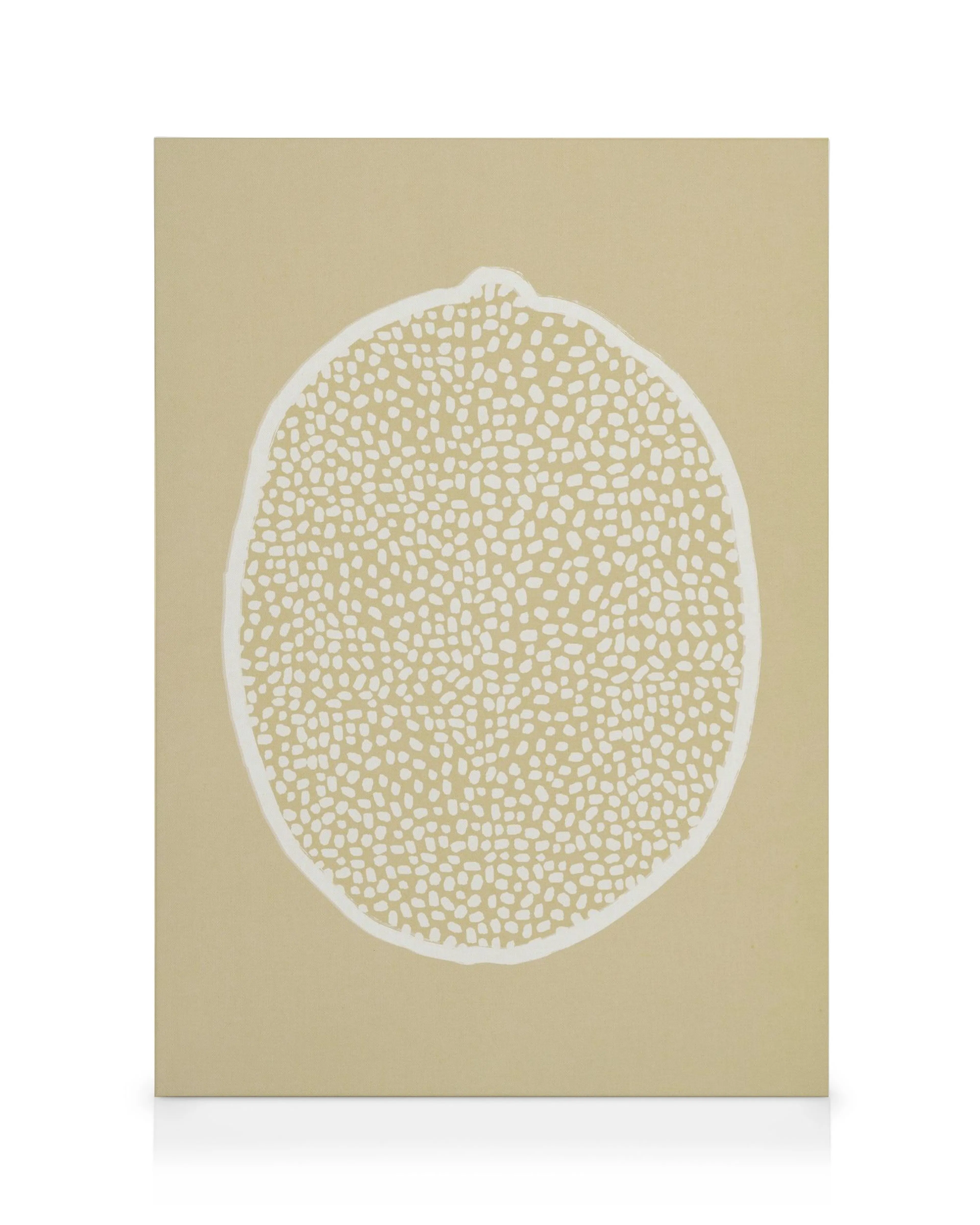 Modern citrus fruit canvas print with textured white dots on a beige background, ideal kitchen wall art.