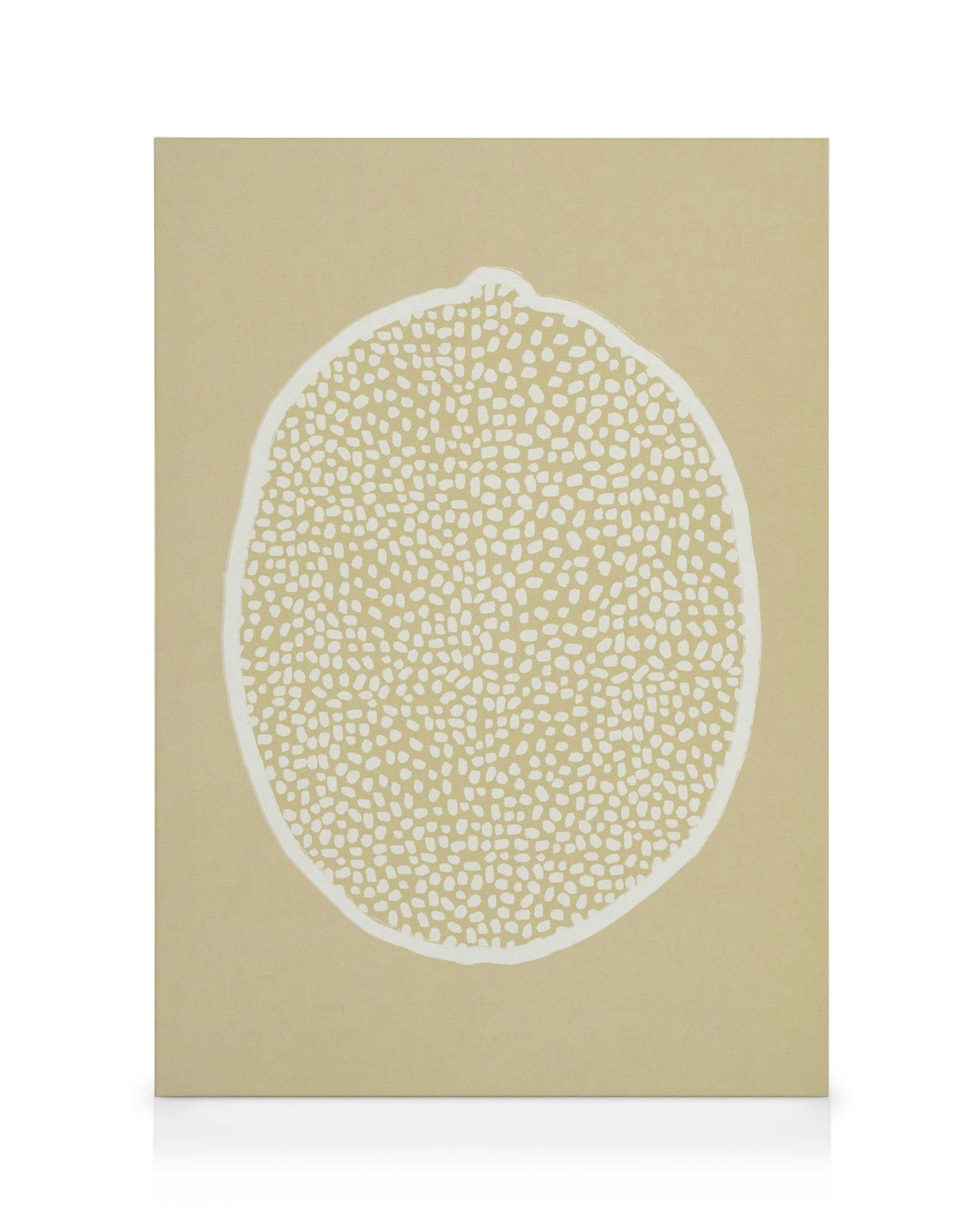 Canvastavla med tvärsnitt av citrusfrukt med textur av vita prickar på beige bakgrund, perfekt kökskonst.