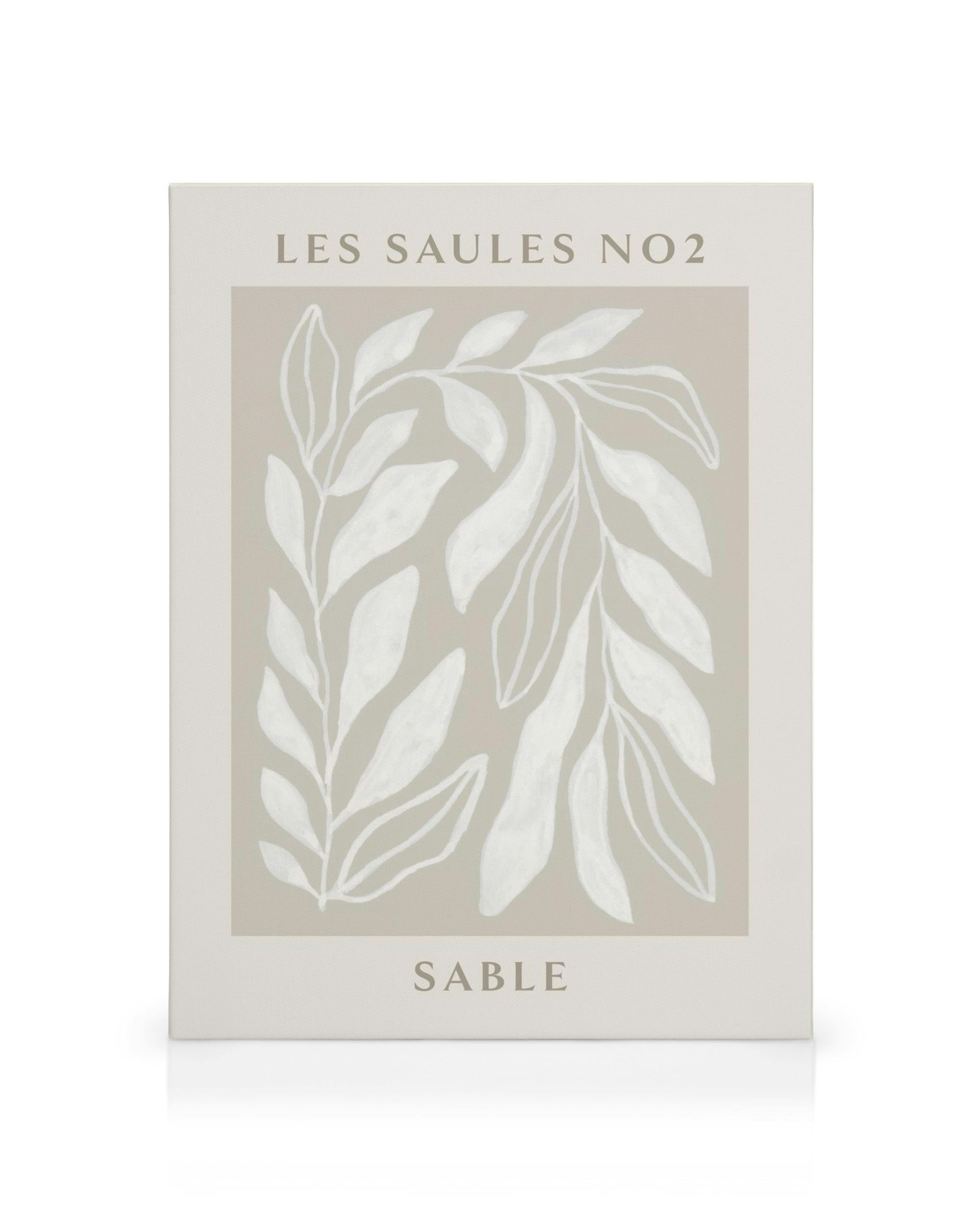 Toile minimaliste avec motifs de feuilles blanches sur fond gris. Une typographie élégante accompagne le visuel.
