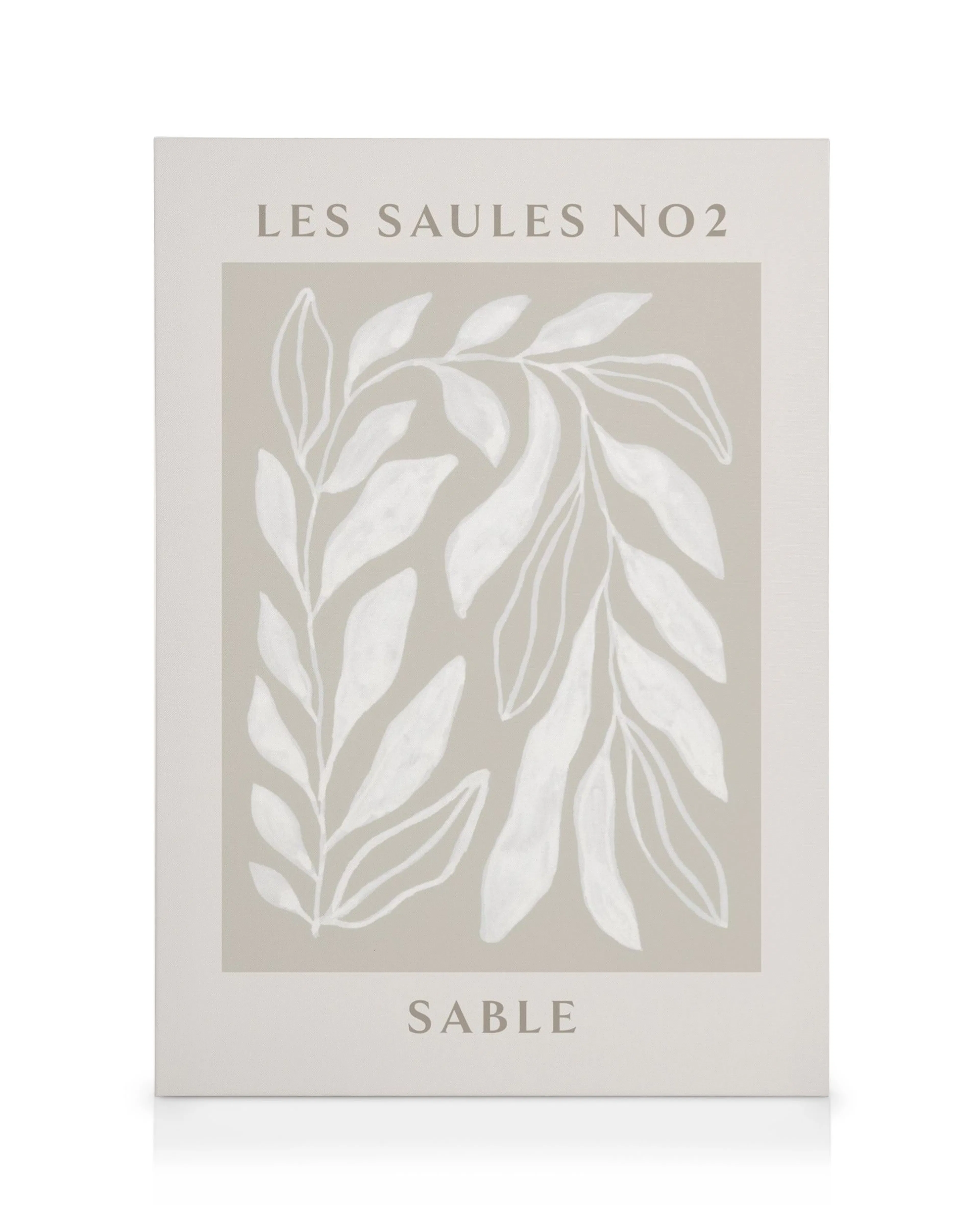 Toile minimaliste Les Saules No2 avec motifs de feuilles blanches et typographie sur fond gris
