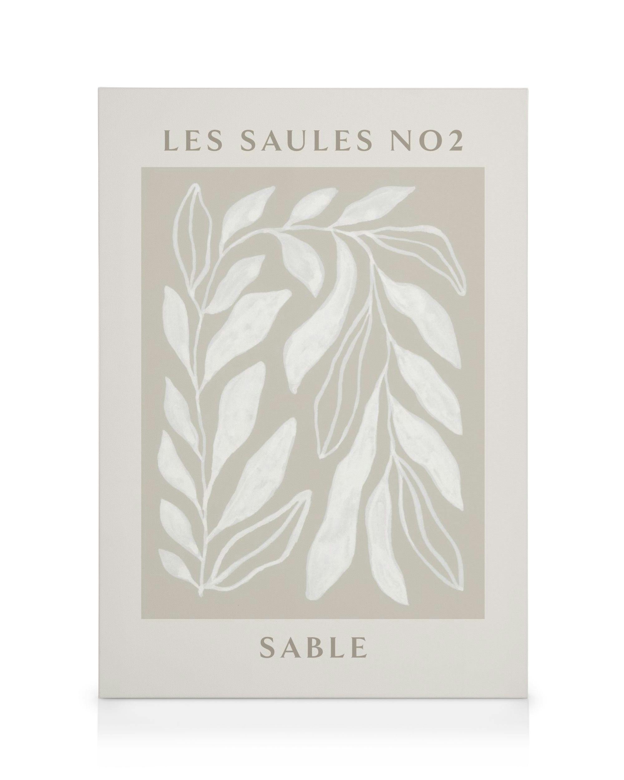 Minimalistische canvas met witte bladeren op een grijze achtergrond in een witte lijst.