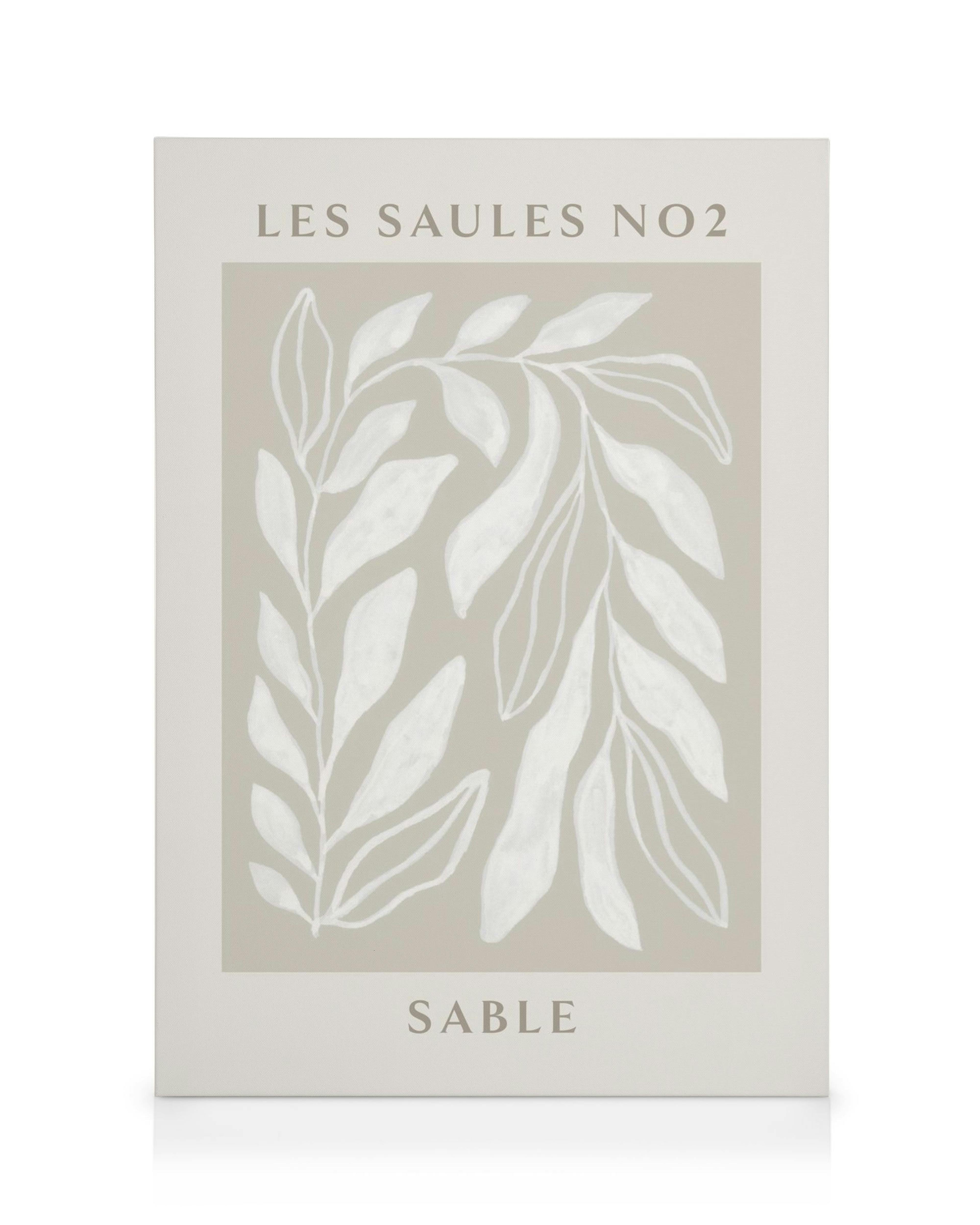 Minimalistische canvas met witte bladeren op een grijze achtergrond in een witte lijst.