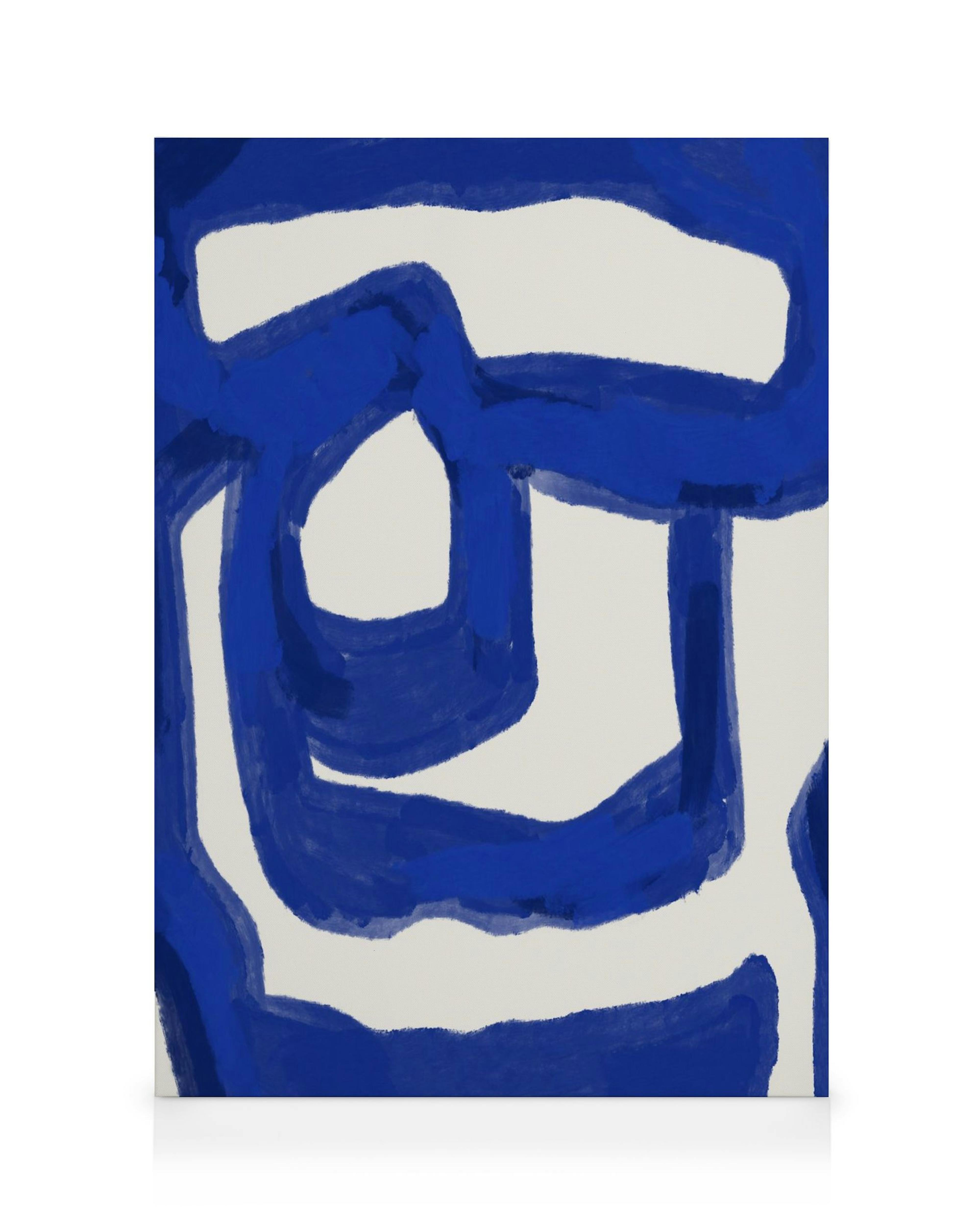 Leinwandbild mit abstrakten blauen Linien auf beigem Hintergrund, modernes Kunstwerk für Wohnzimmer.