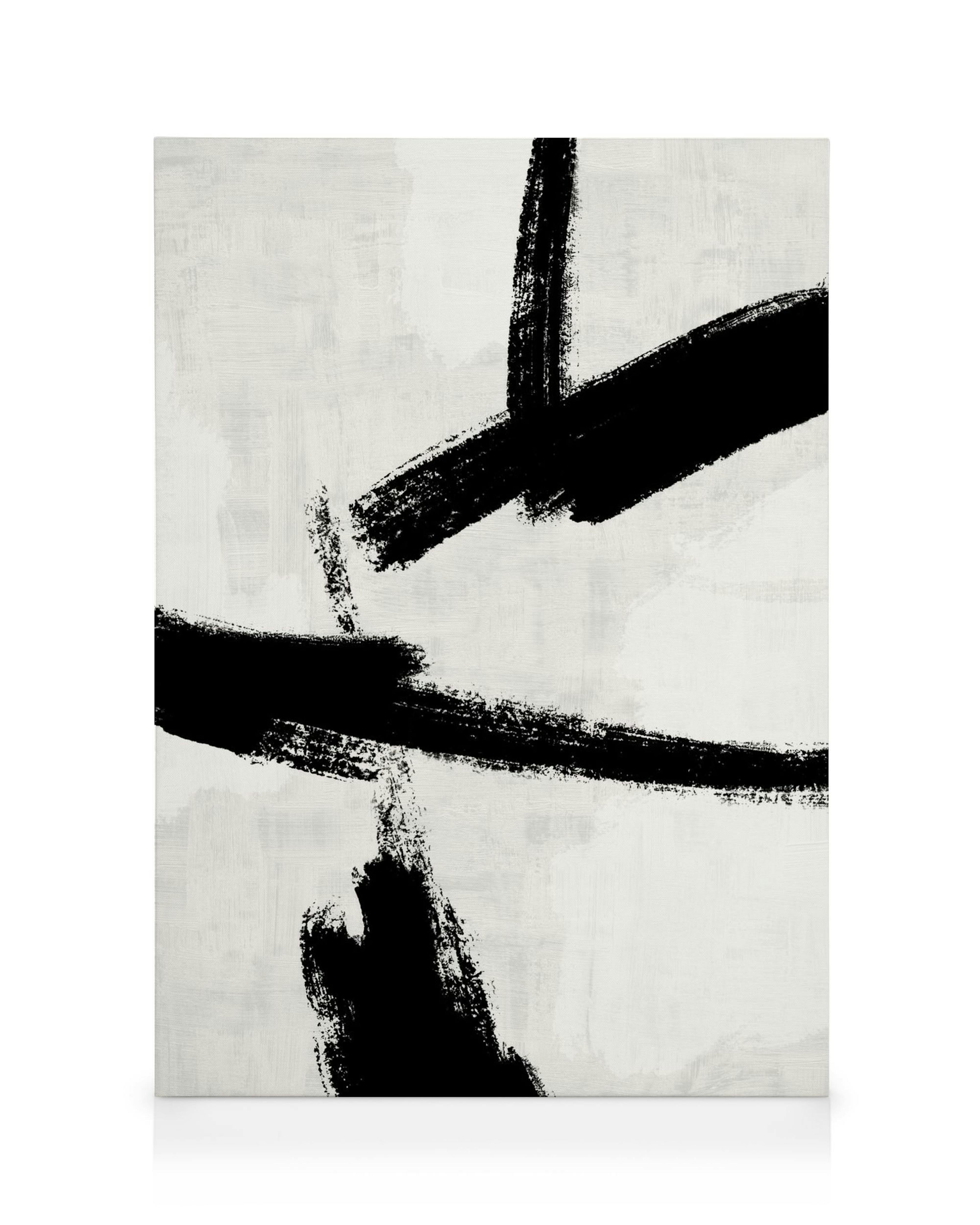 Abstract canvas art with bold black brush strokes on a beige background, modern wall decor.