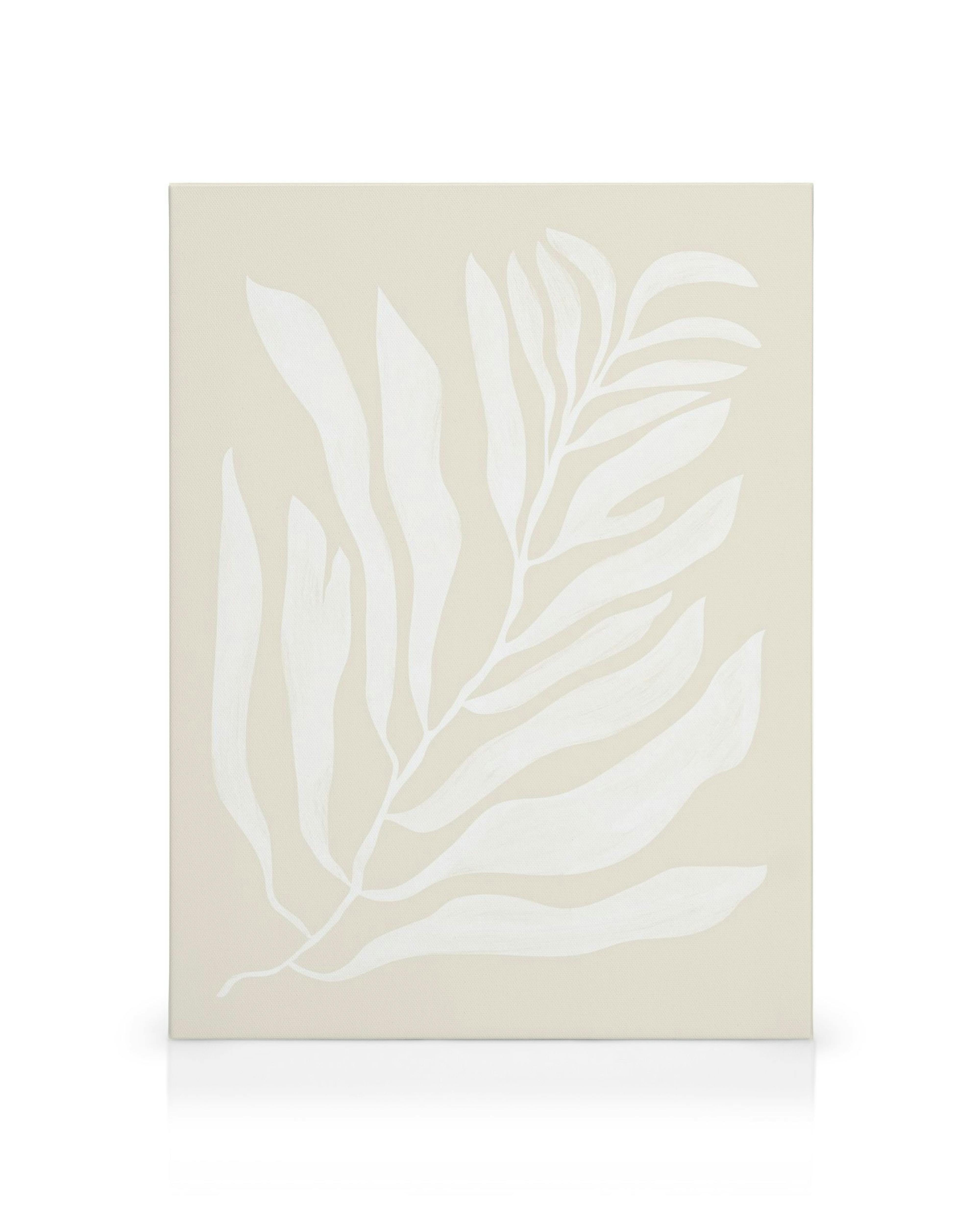 White Botanical No2 canvas print, a beige background with a white plant illustration, perfect for botanical art lovers.