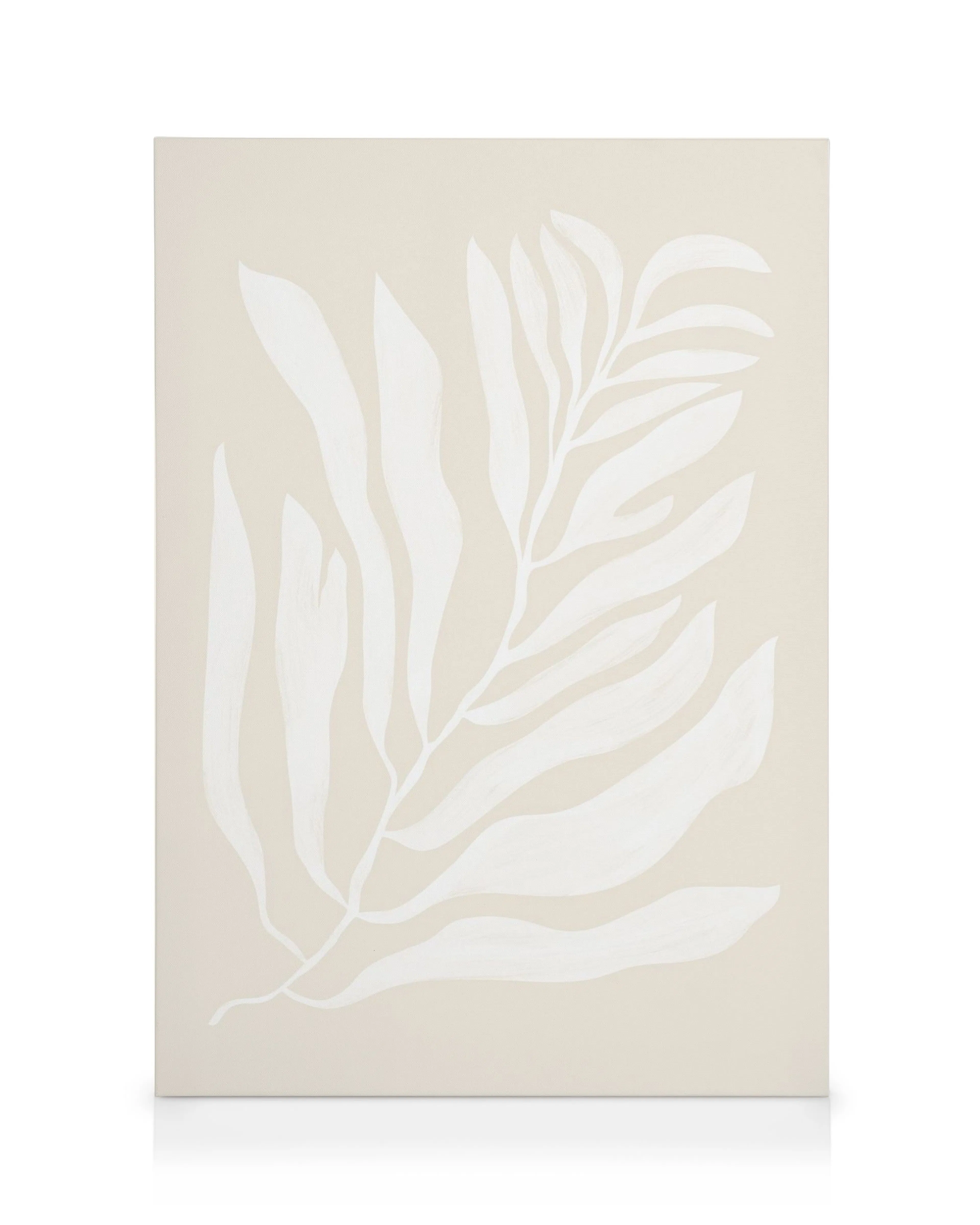 Lienzo botánico con hojas blancas sobre fondo beige, estilo minimalista.