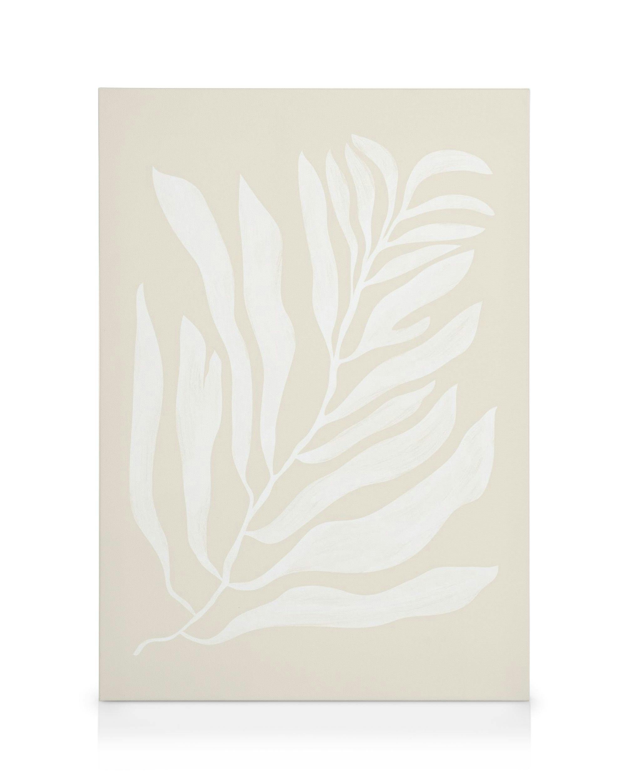Botanisch canvas met een witte bloemstengel met bladeren op een beige achtergrond, minimalistische kunst.