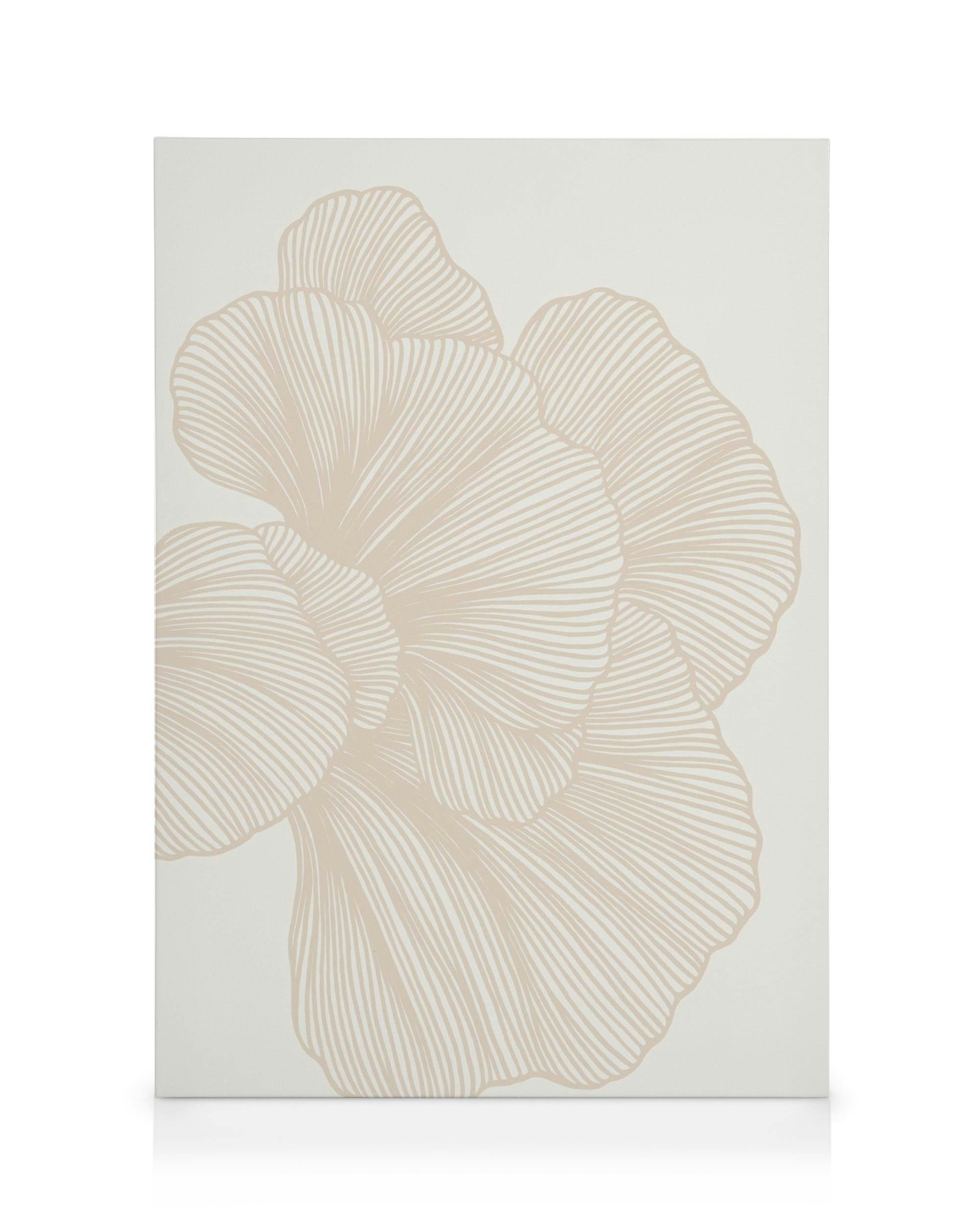 Beigejä viivoja ja kukkakuvioita sisältävä moderni kanvaasi vaaleanbeigellä taustalla.