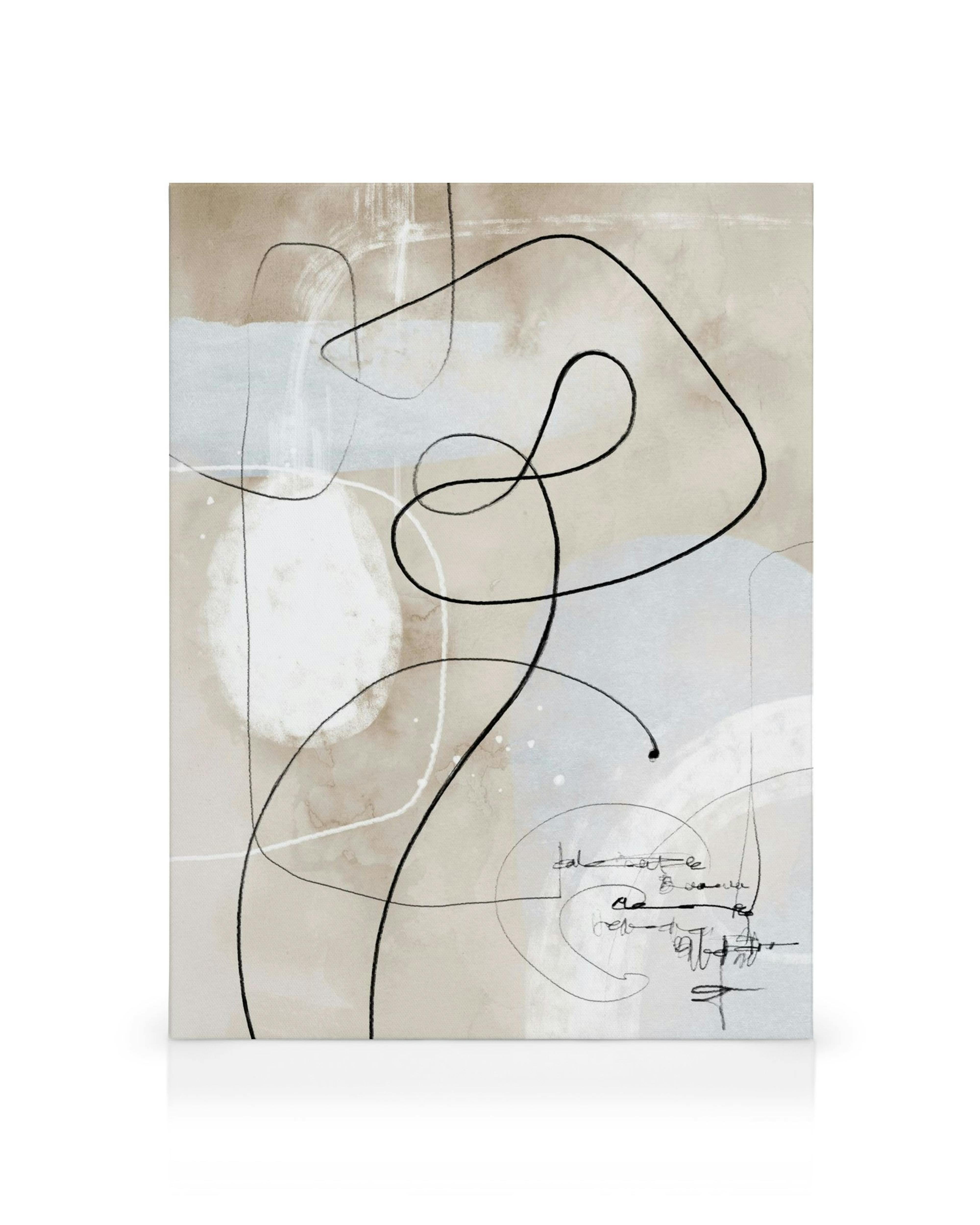 Abstract canvas print with black lines and handwritten text over beige and light blue shapes.