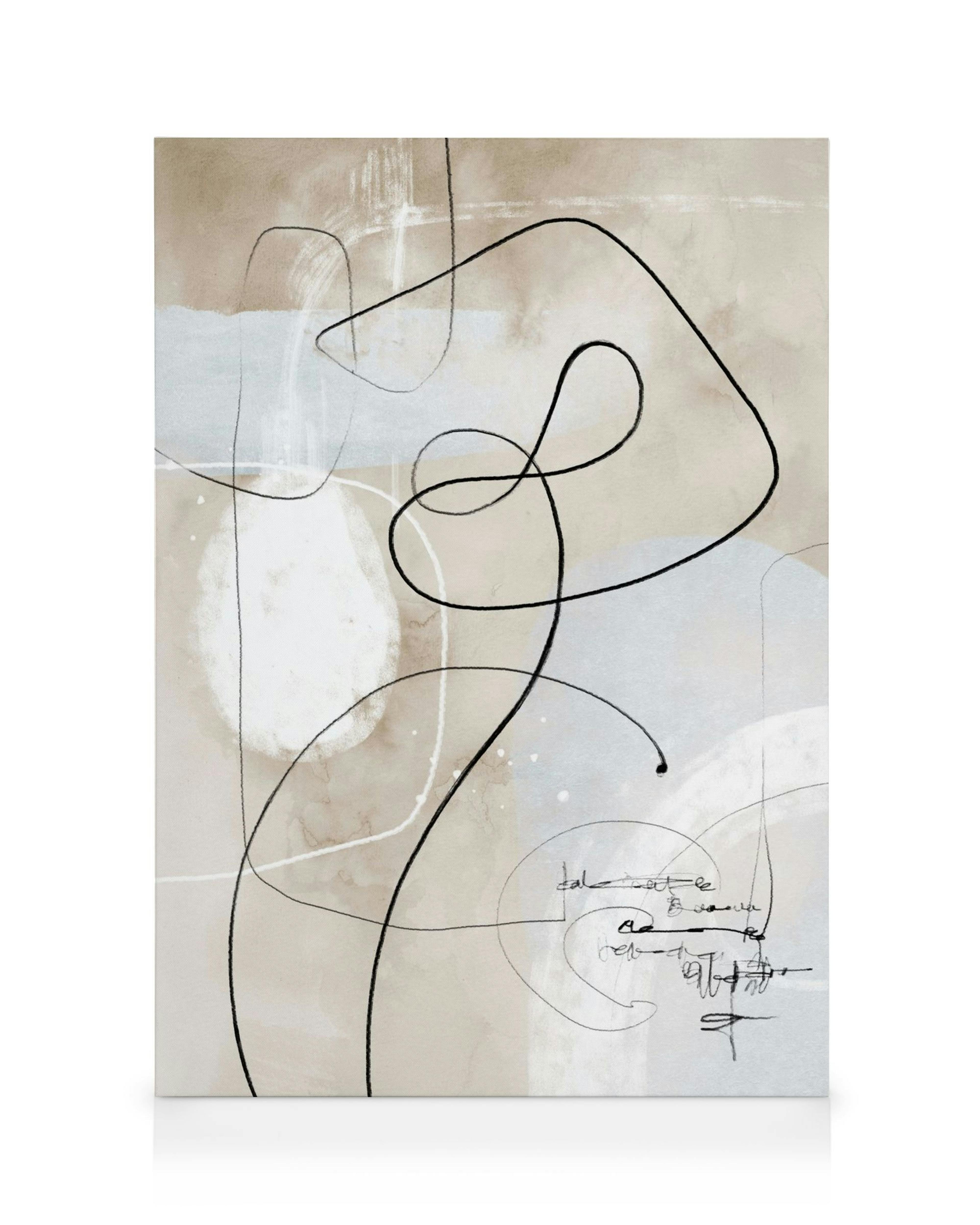 Abstract canvas print with soft black and white lines, shapes, and subtle light beige and grey watercolor washes.