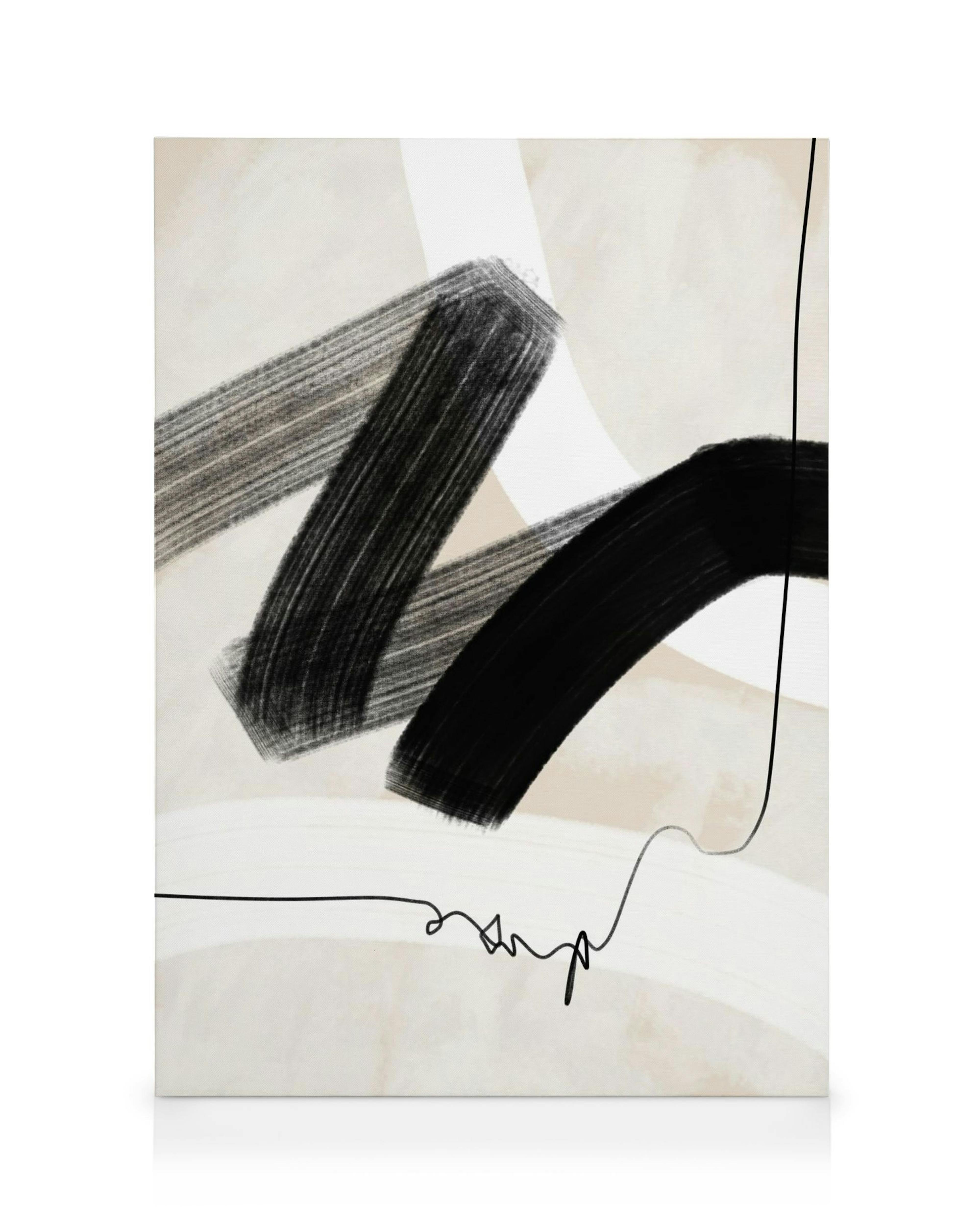 Abstrakte Malerei mit schwarzen Pinselstrichen und Linien auf hellbeigem Hintergrund, ein modernes Leinwandbild.