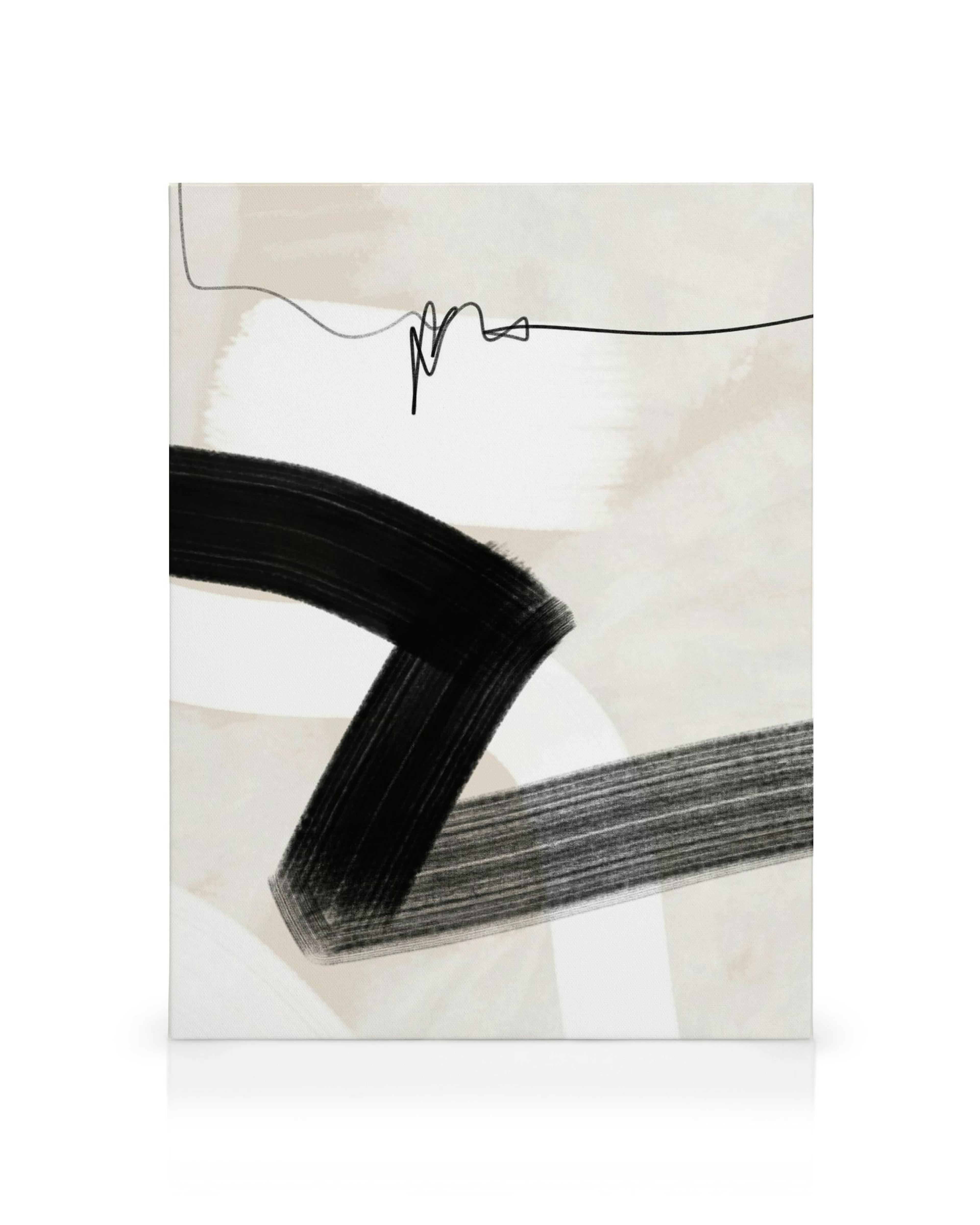 Toile abstraite avec des formes noires et beiges, une ligne noire traverse le haut de la toile.