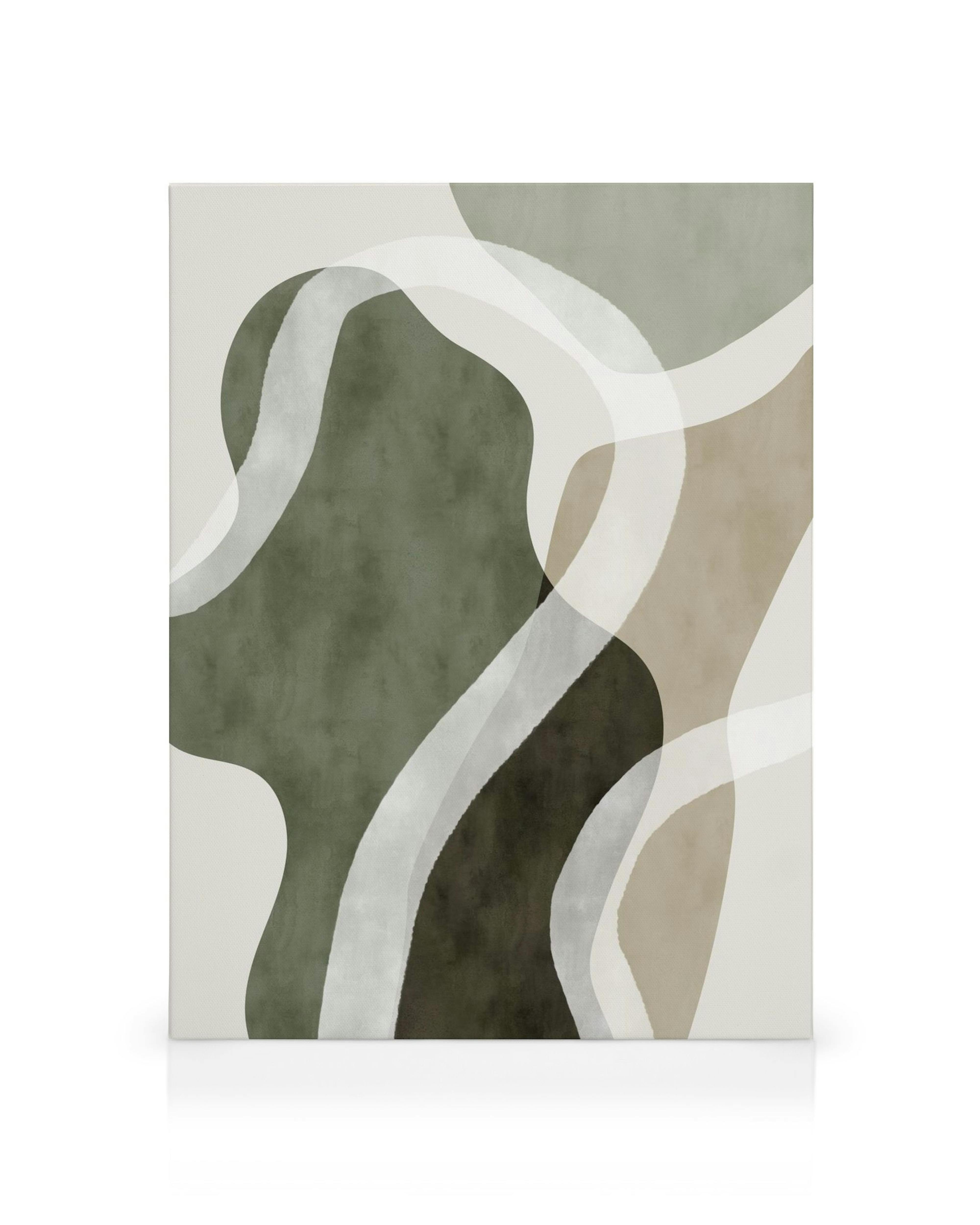 Abstract canvas print with green and beige organic shapes and white lines on a light beige background, watercolor texture.