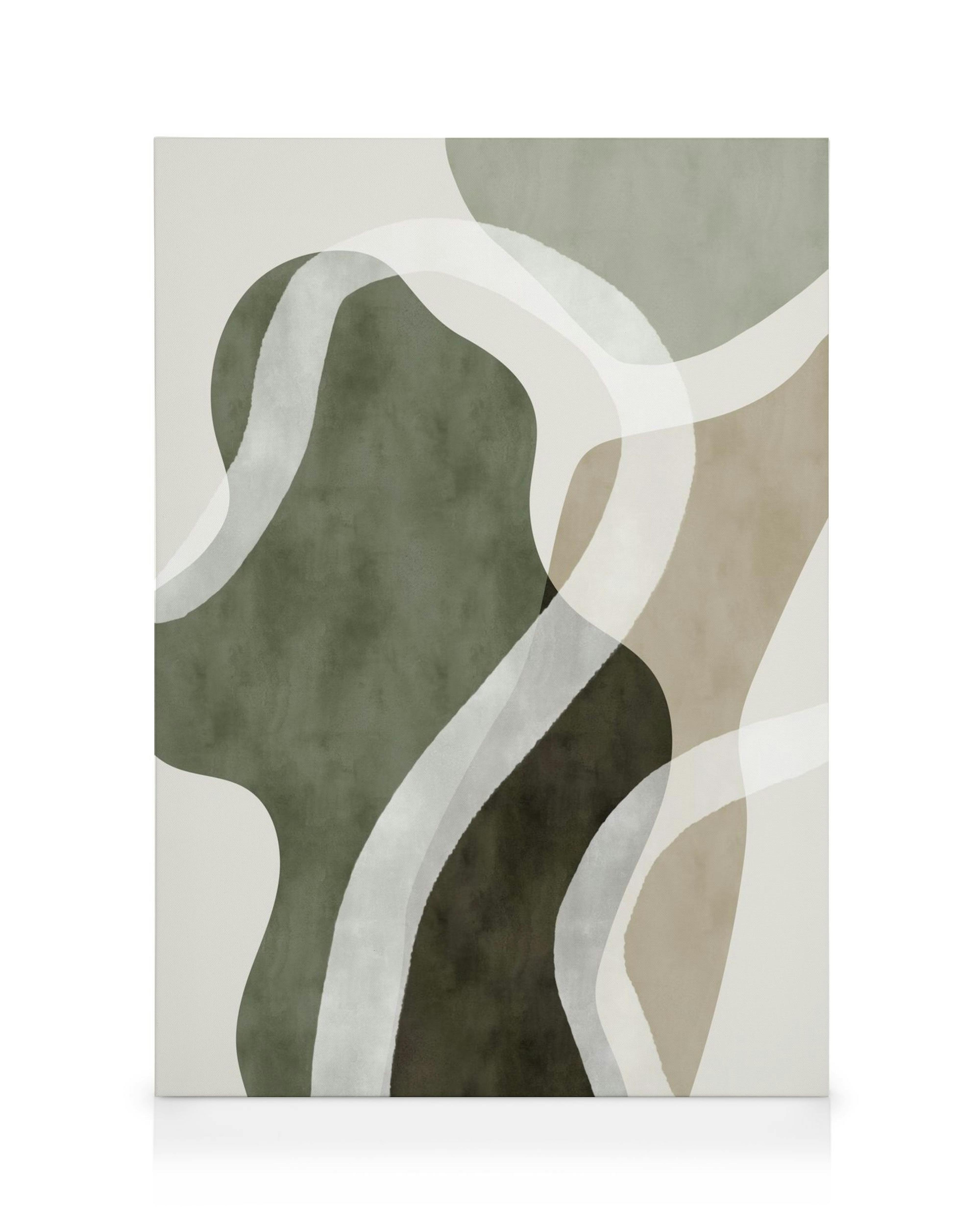 Abstract canvas print with green and beige organic shapes and white lines on a light beige background, watercolor texture.