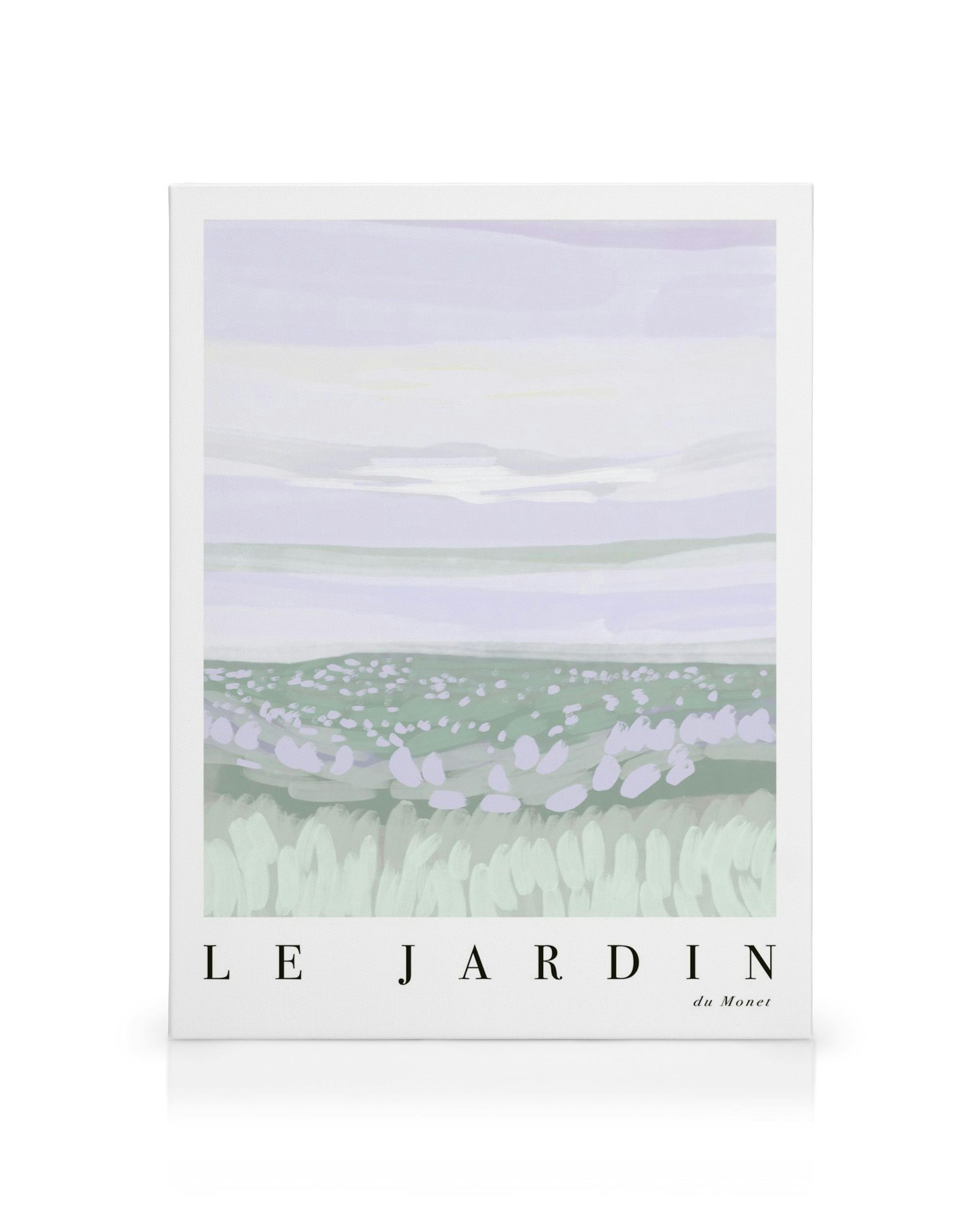 Leinwandbild mit lila Wiese und Himmel, Text Le Jardin du Botrain in Schwarz.