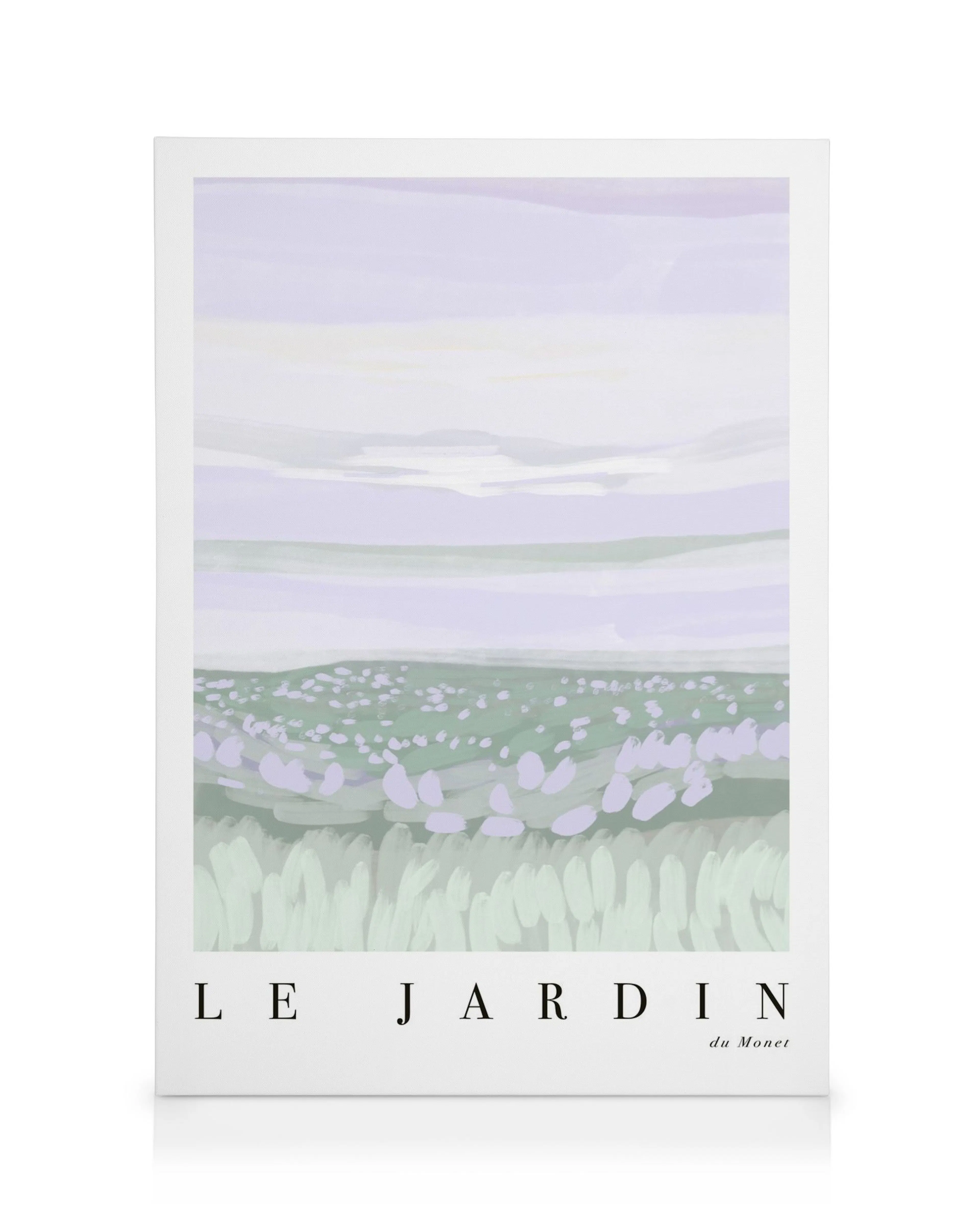 Leinwandbild mit lila Wiese und Himmel, Text Le Jardin du Botrain in Schwarz.