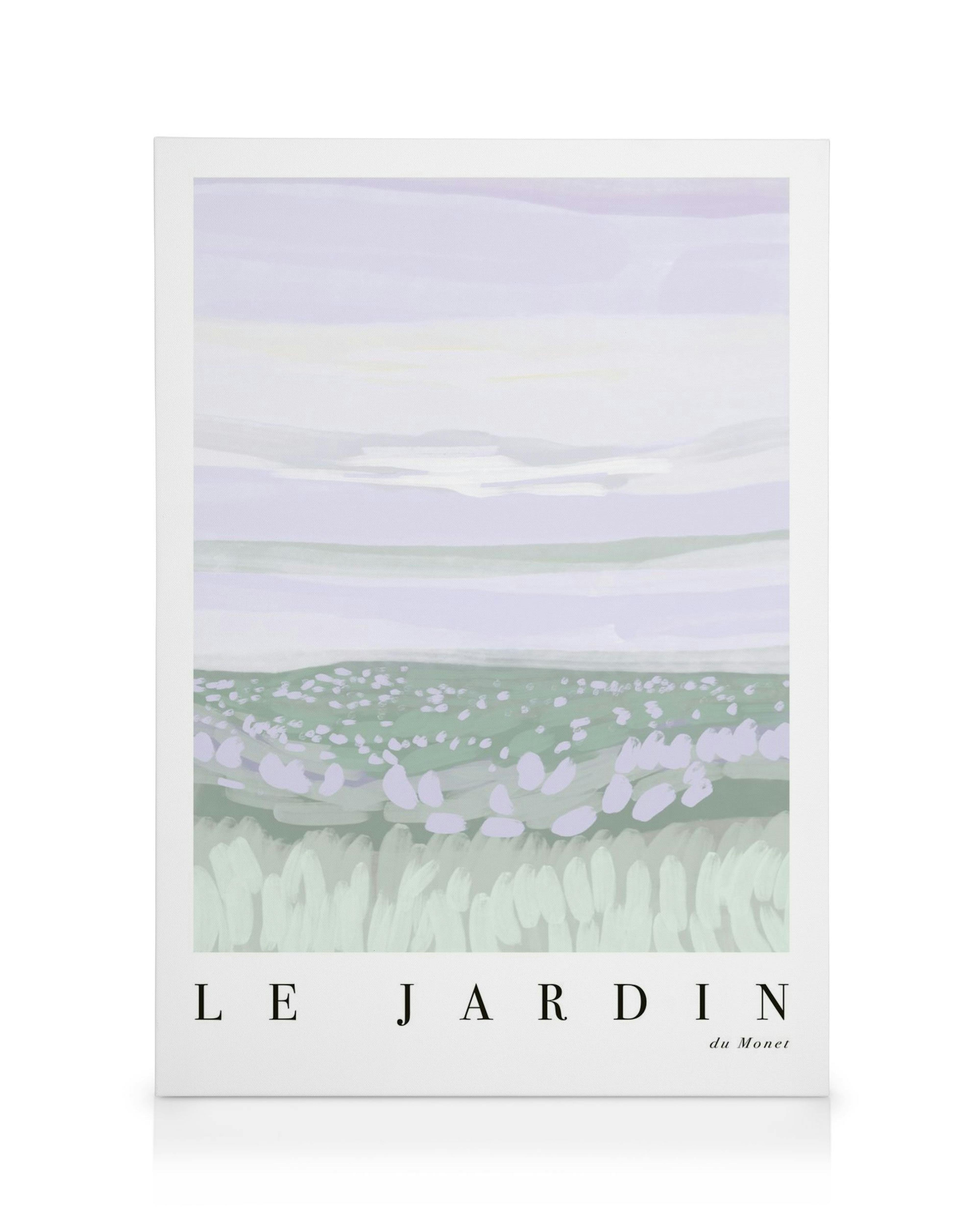 Stampa su tela astratta viola, bianco, verde, ispirata a Monet, con pennellate orizzontali e fiori.