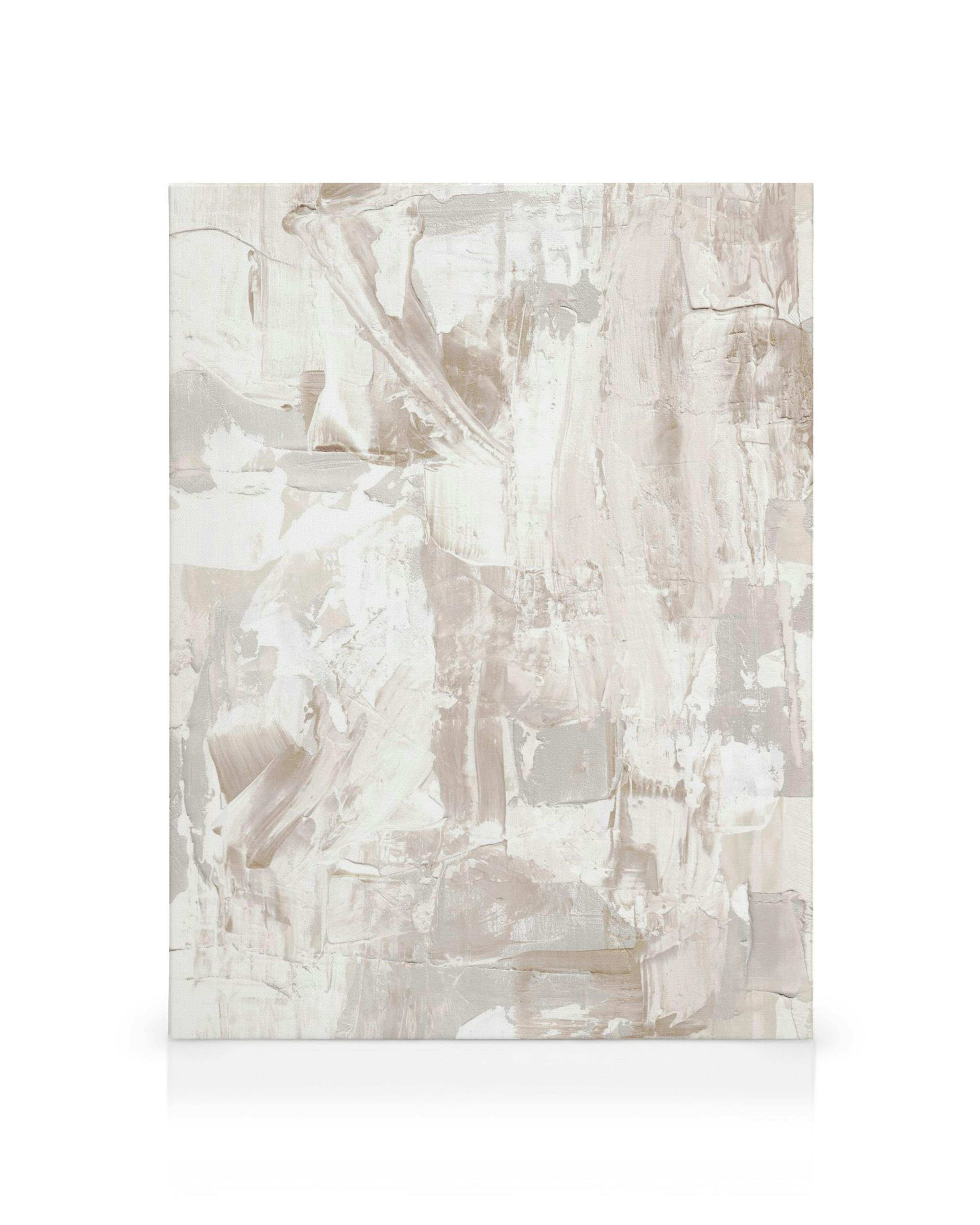 Abstraktes Acrylbild in Beige, Weiß und Grau mit pastosen Pinselstrichen, die ein modernes Muster bilden.