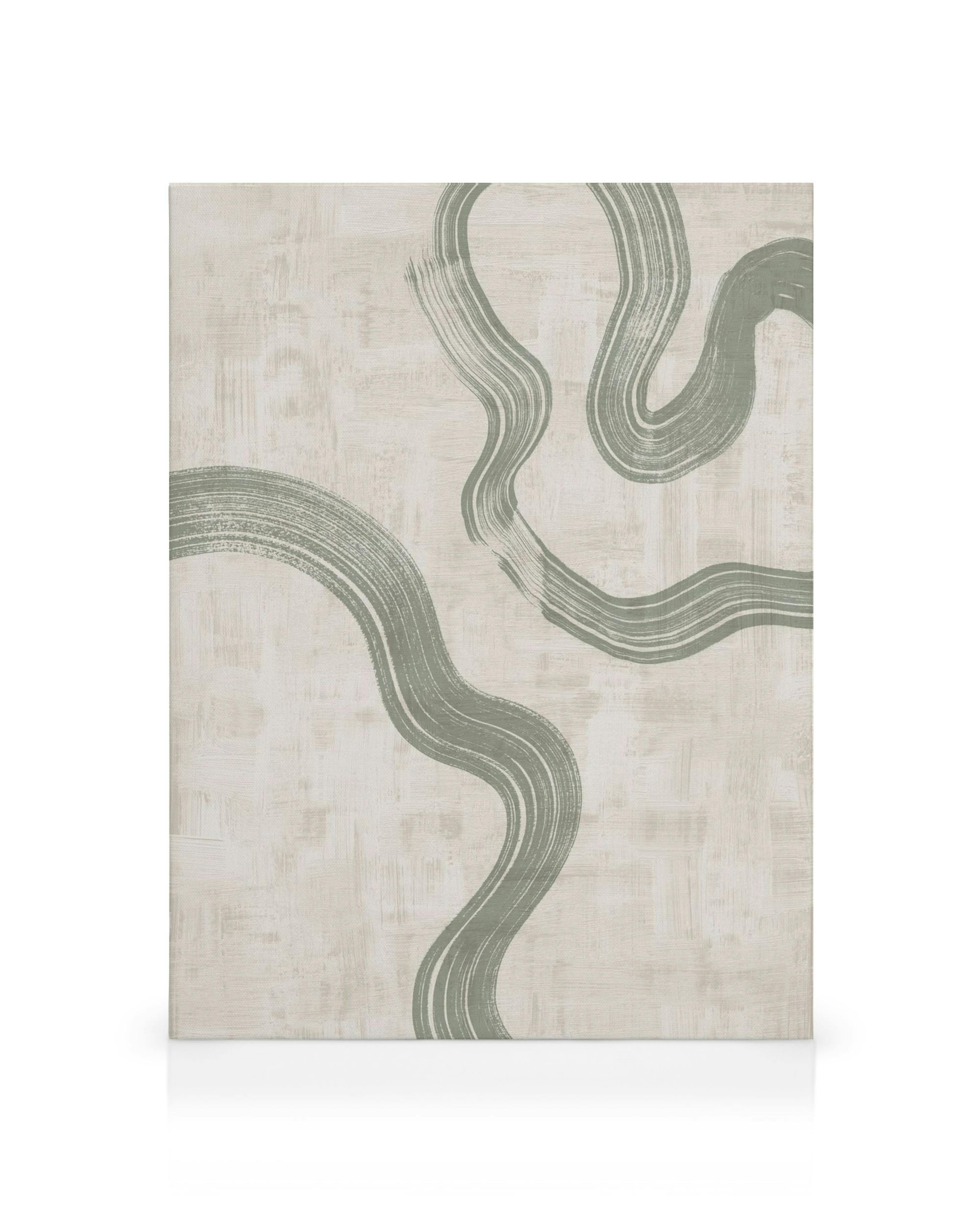Abstract canvas print with green painted swirls on a textured beige background, modern minimalist wall art.