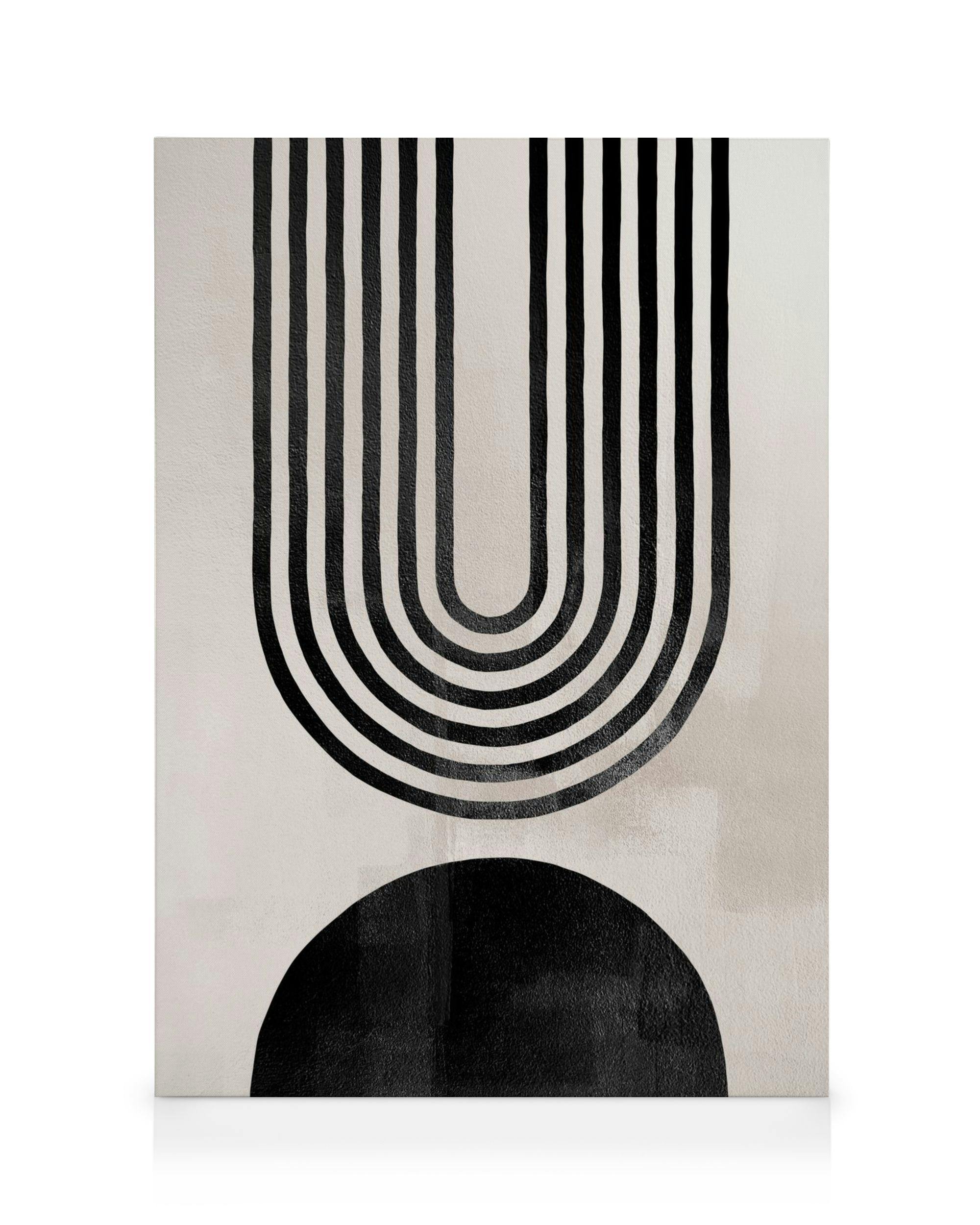 Abstract canvas print with black arch lines and a solid black semi-circle on a beige background, modern wall art.