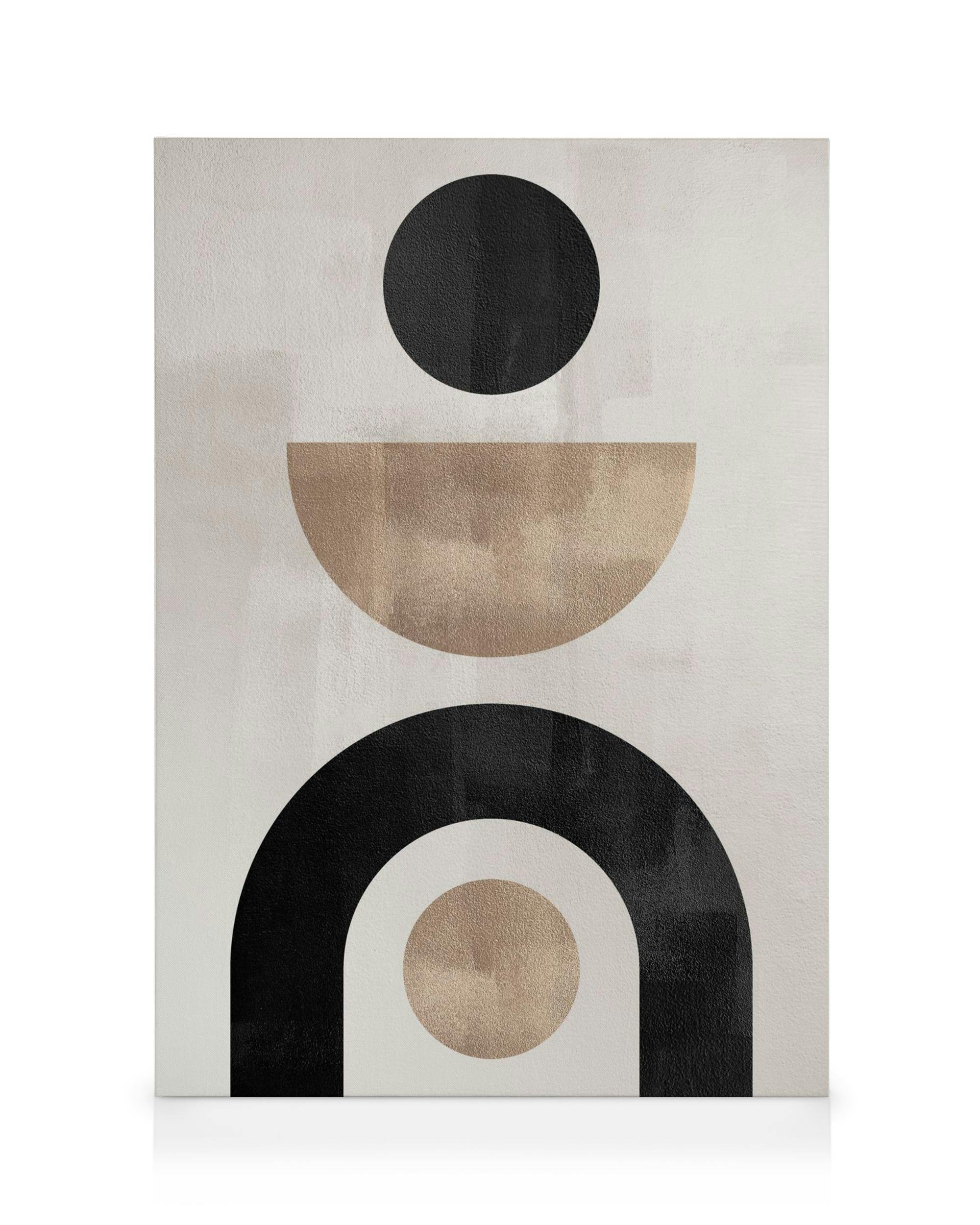 Berlin Shapes No1 canvas print, graphic illustration with black and beige geometric shapes and circles on a grey-beige backgroun