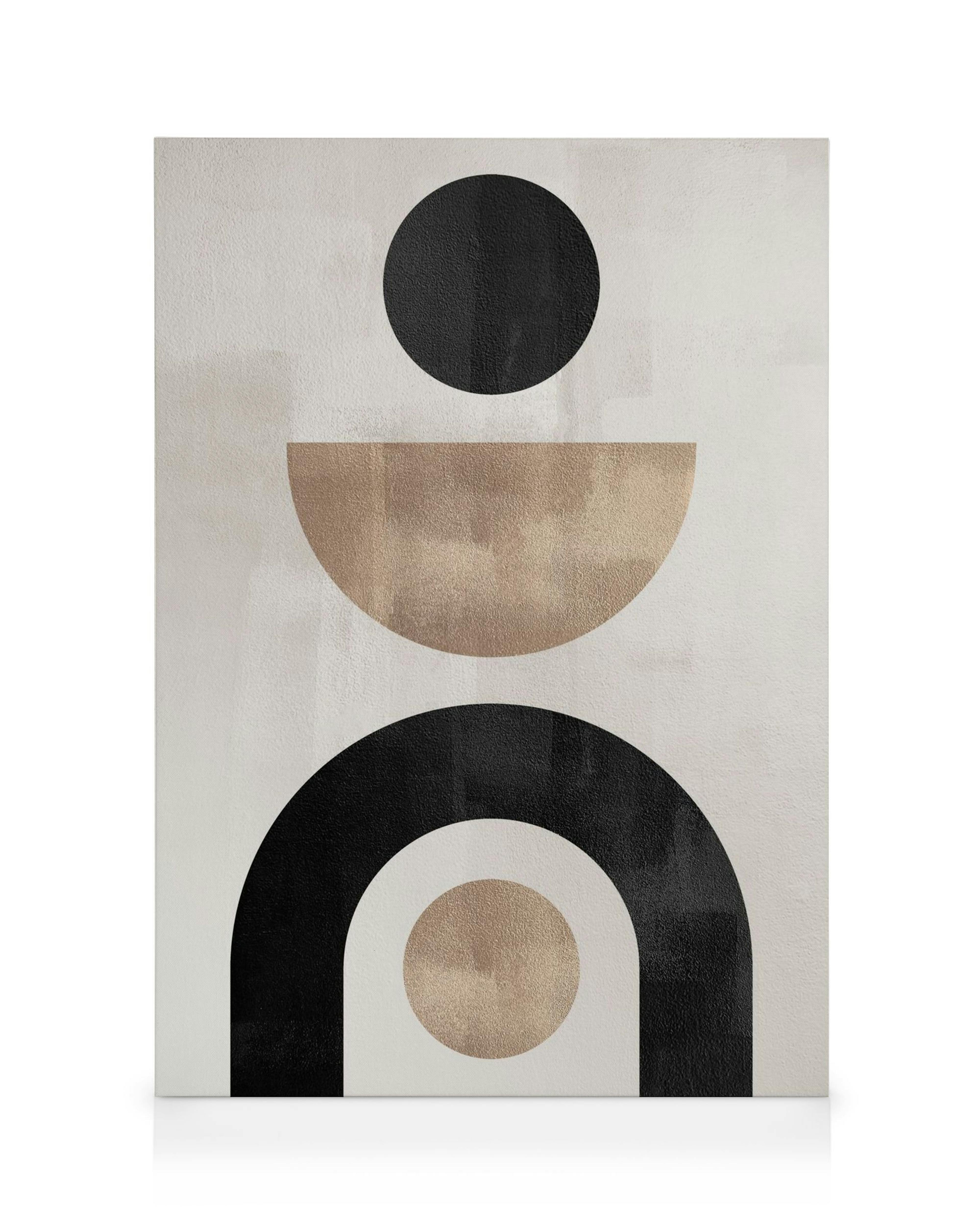 Berlin Shapes No1 canvas print, graphic illustration with black and beige geometric shapes and circles on a grey-beige backgroun