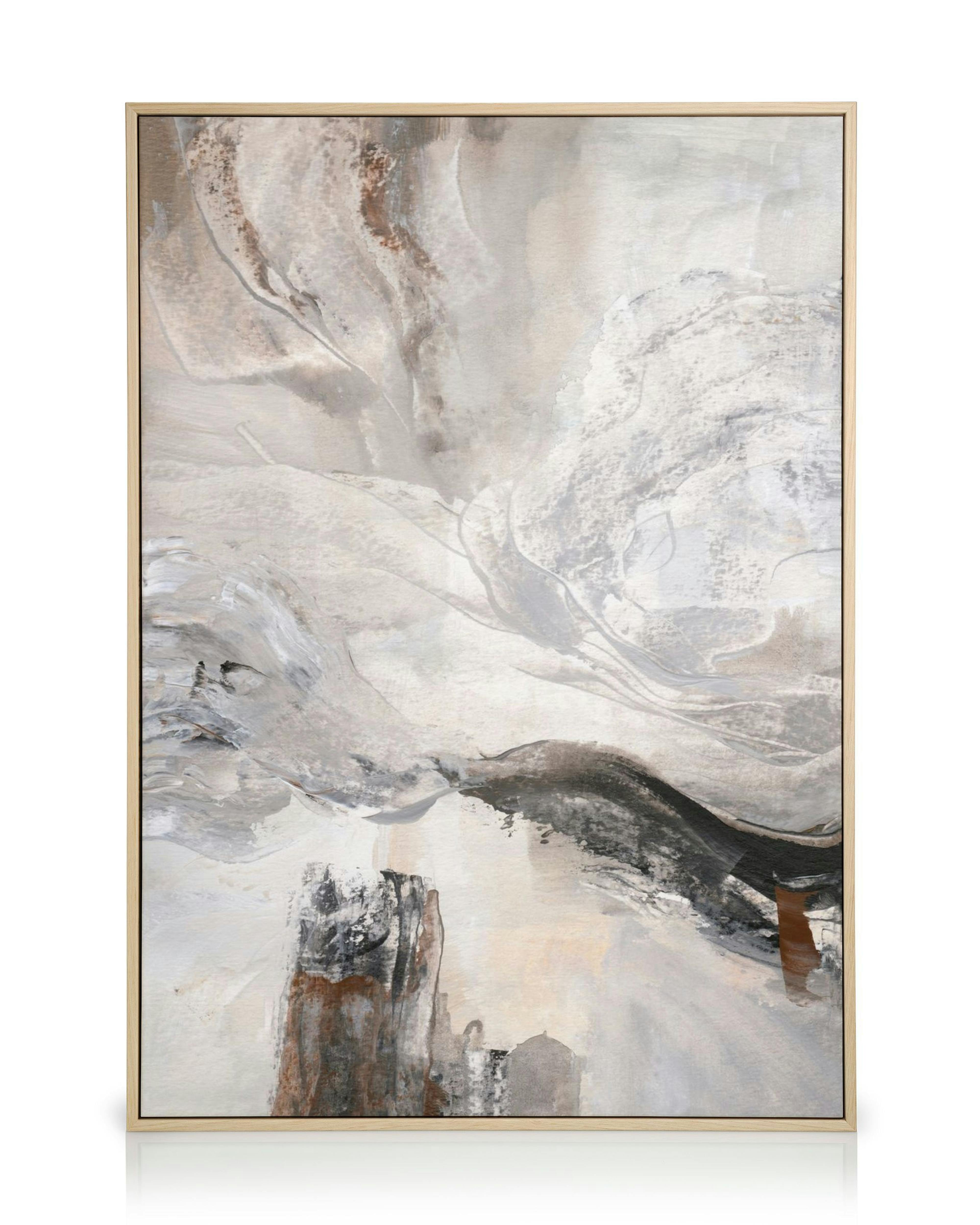 Toile abstraite aux formes organiques et tourbillonnantes, tons marron, blanc et gris beige avec des textures variées.