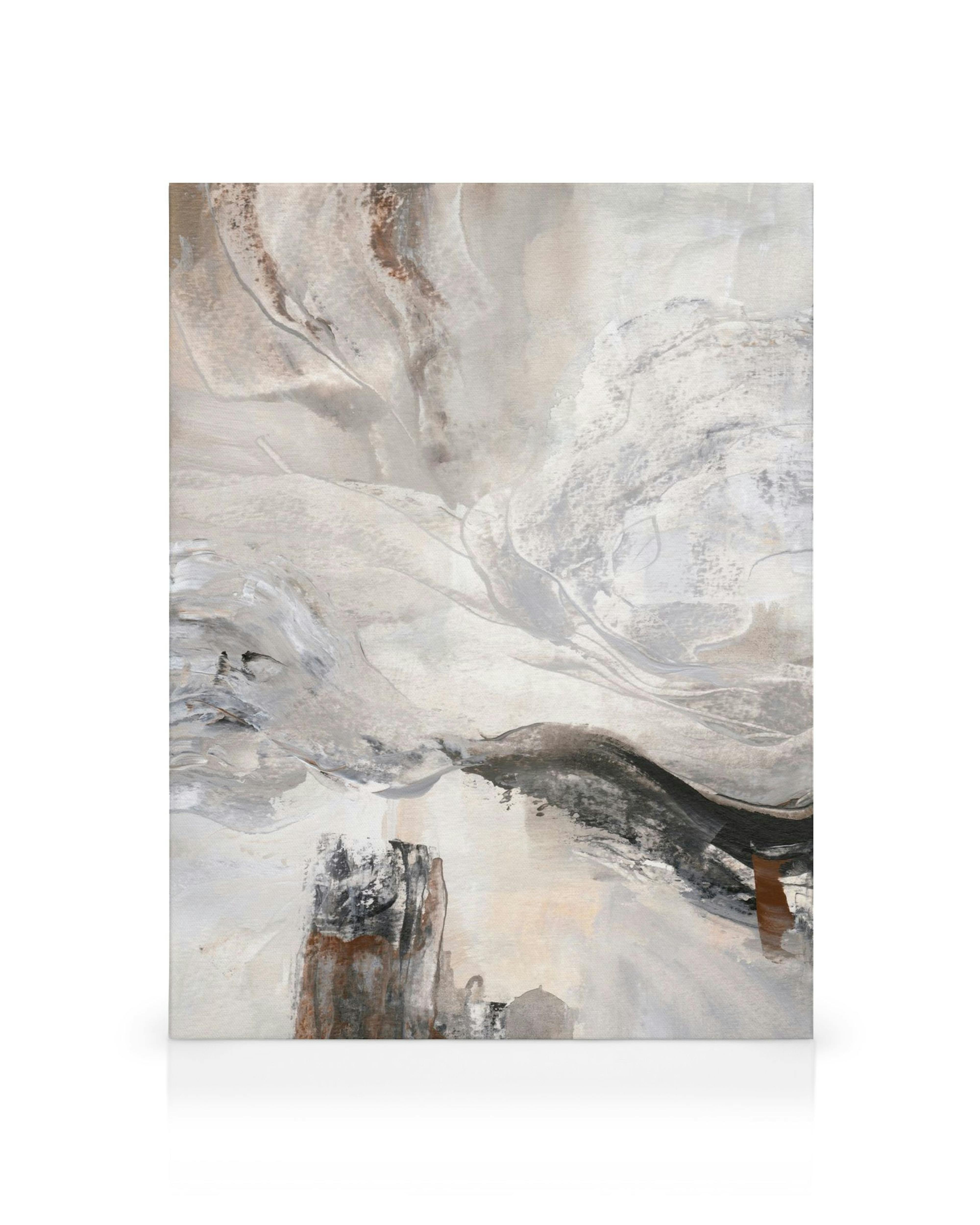 Abstract canvas print with grey, white, and brown brushstrokes, creating a flowing, natural design. Contemporary wall art.