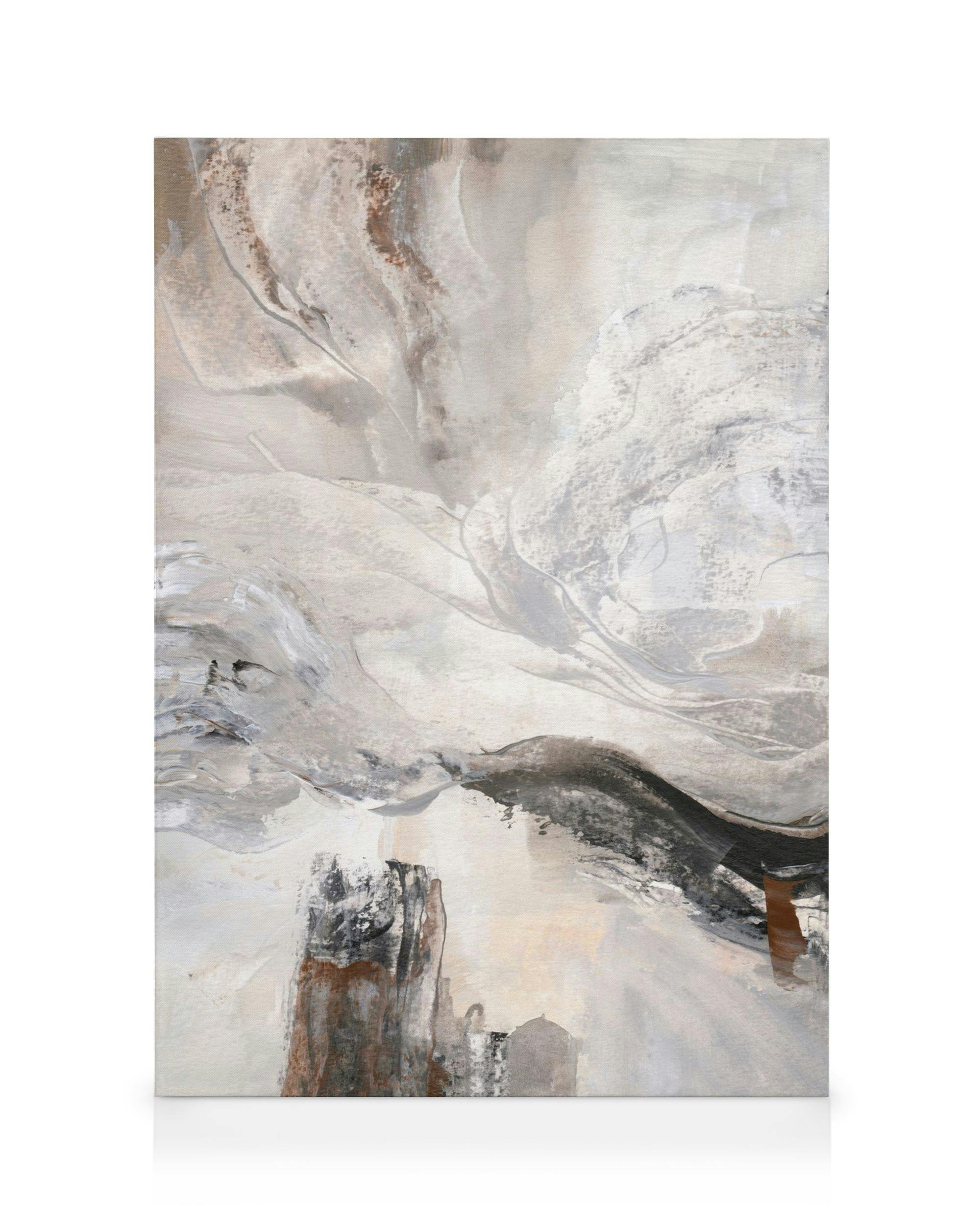 Abstract canvas met wervelende vormen in bruin, wit, beige en zwart, organisch ontwerp met texturen.