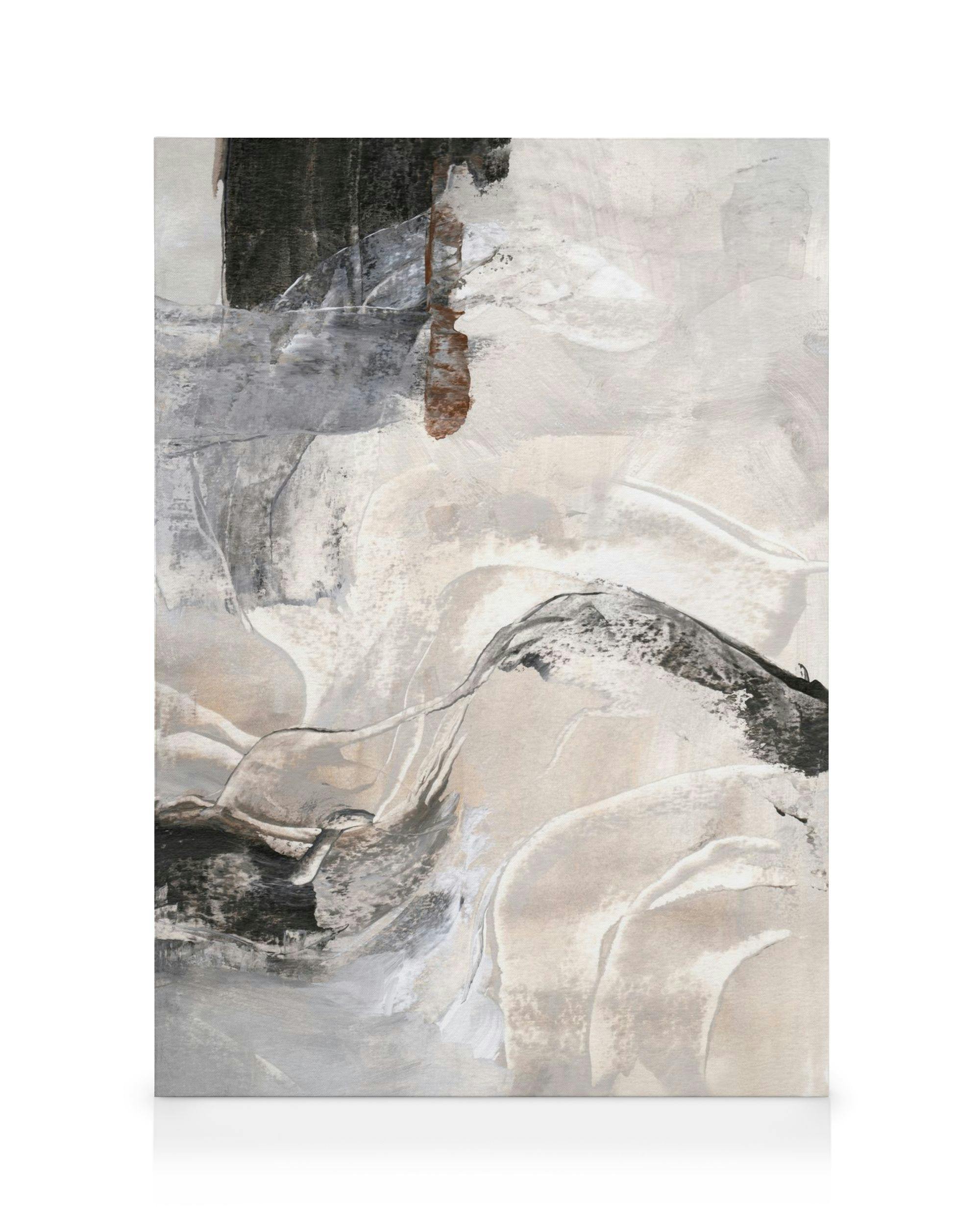 Abstract canvas met zwarte, witte, grijze en bruine krullen en texturen, verticaal.
