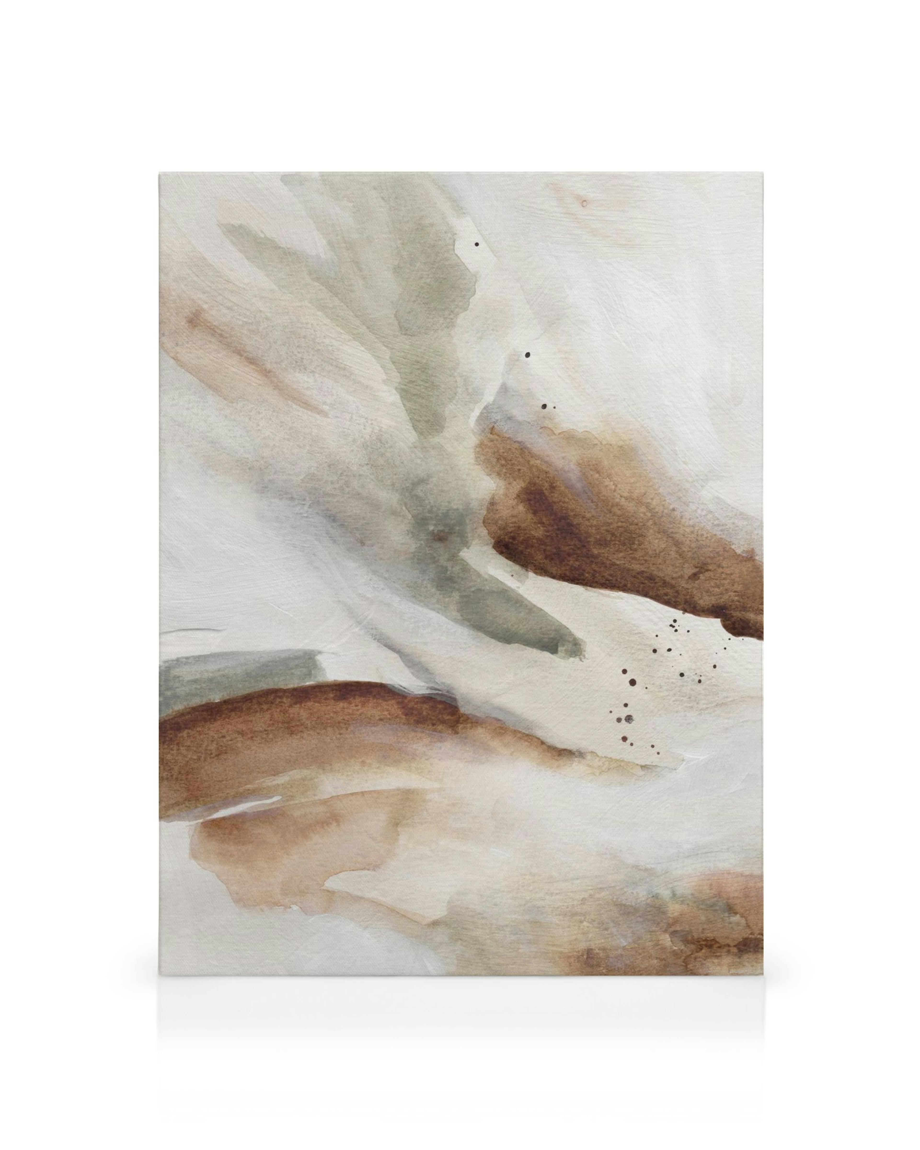 Abstracte canvas met zachte bruine, beige en grijze tinten, handgeschilderd voor een natuurlijke uitstraling.